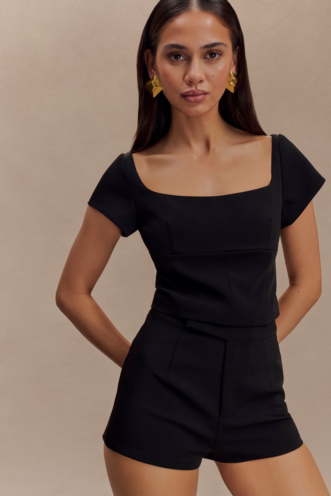 Ellis Cap Sleeve Longline Suiting Top - Black #5