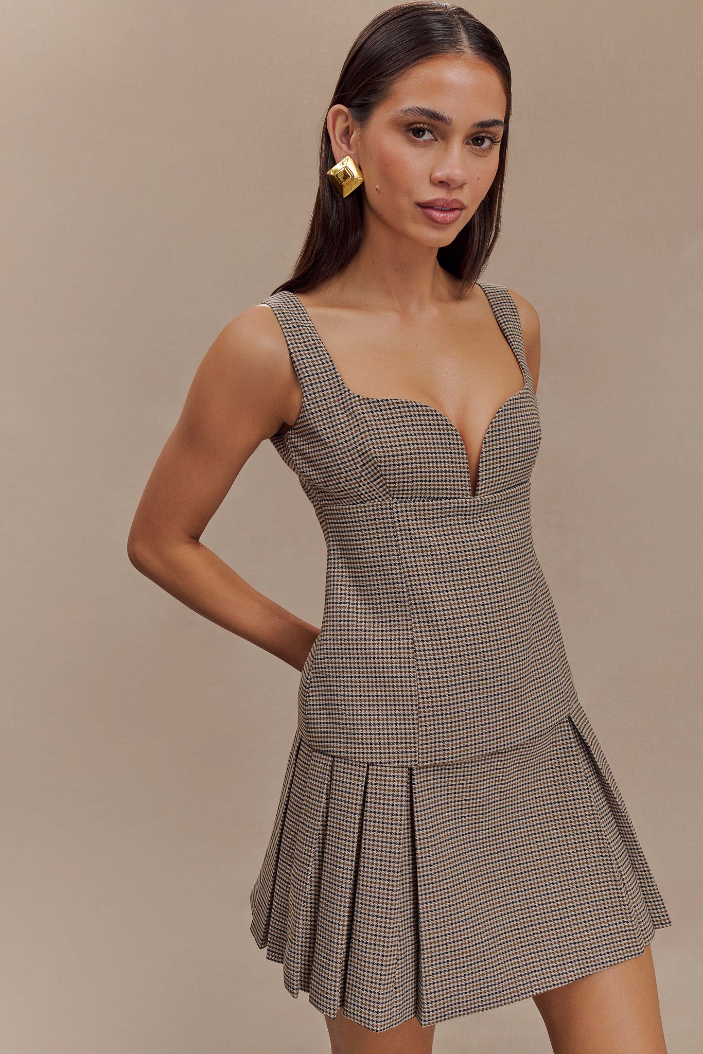 Angie Pleated Buckle Mini Skirt - Tan Check #9