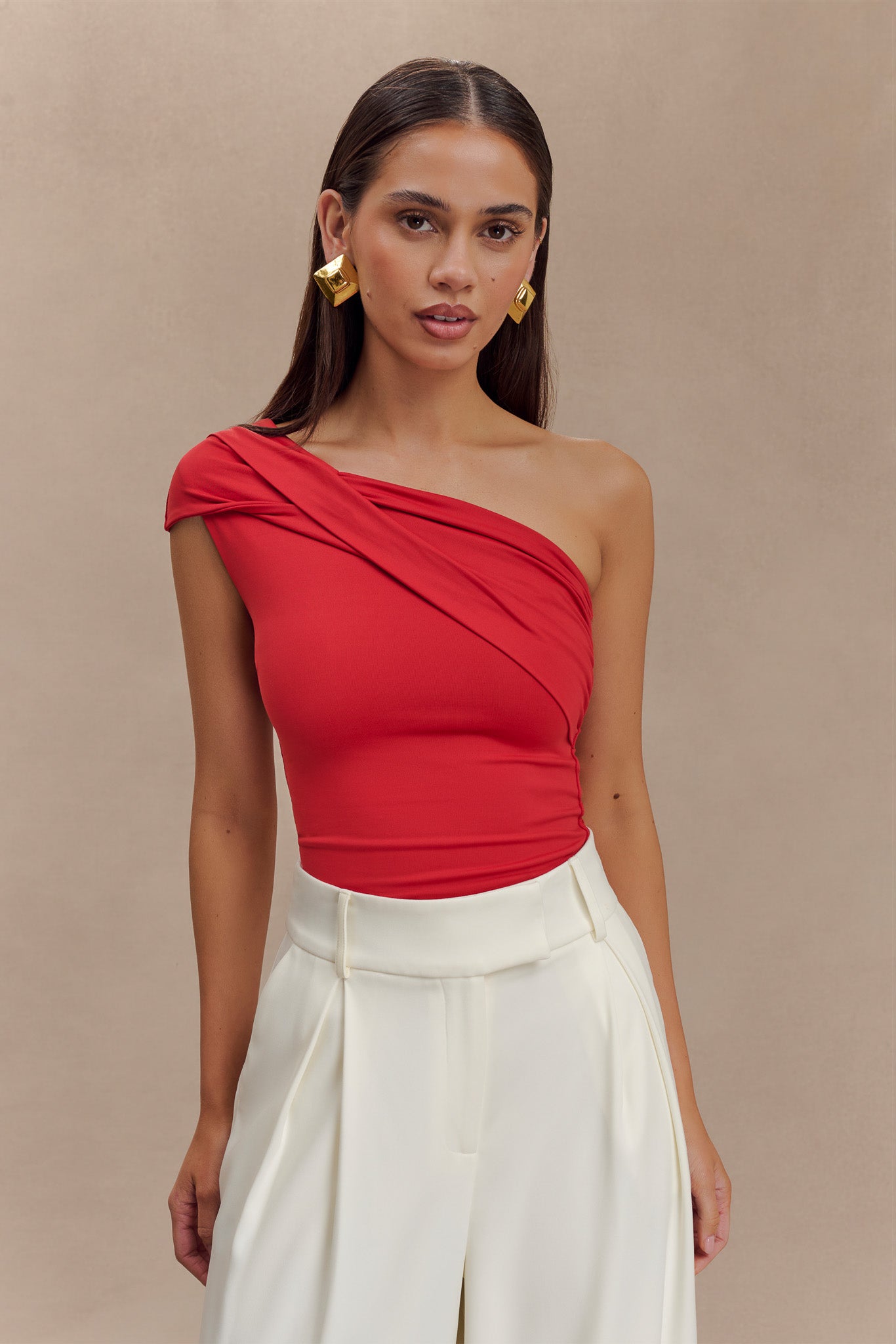 Solene One Shoulder Recycled Nylon Twist Top - Ruby #2