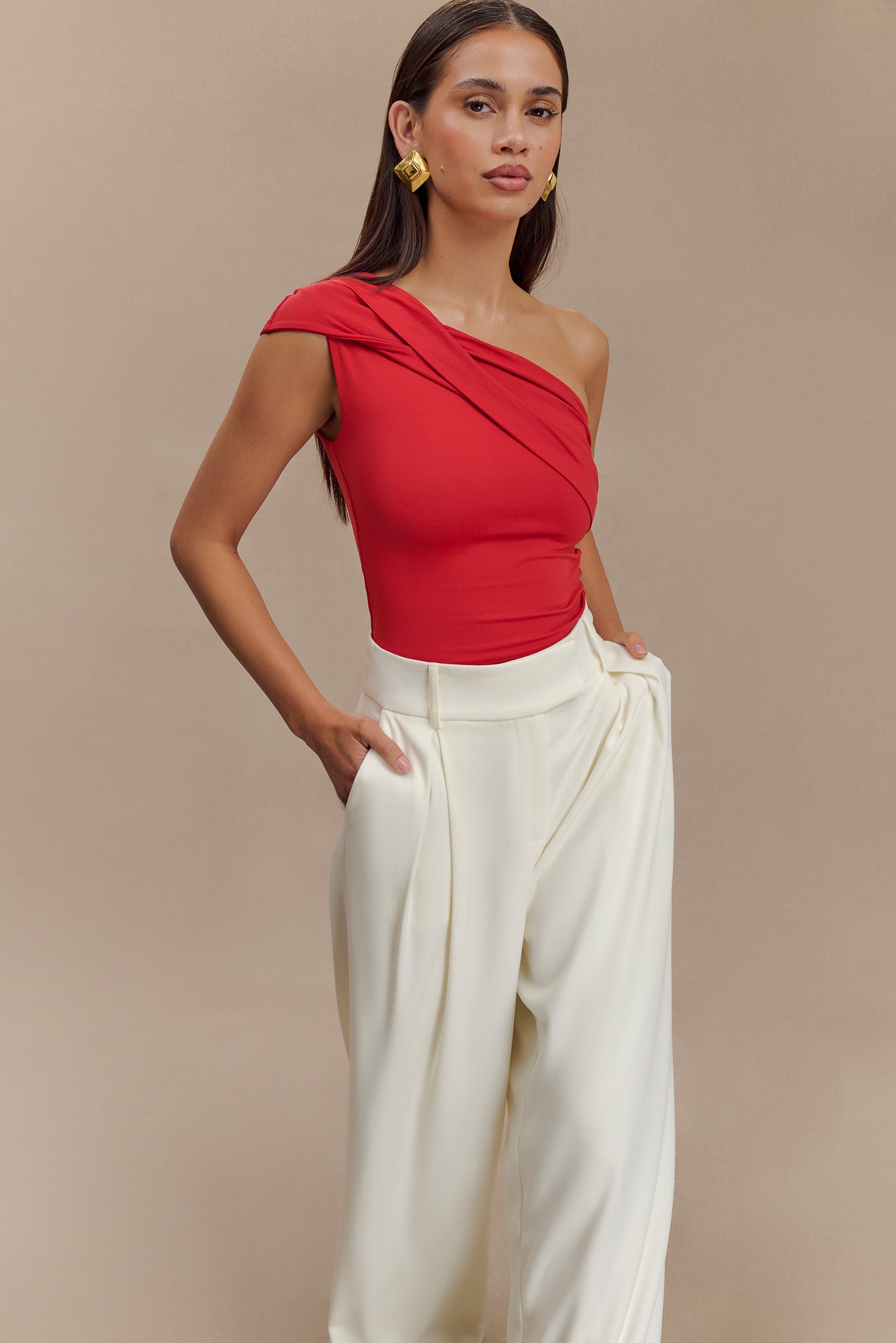 Solene One Shoulder Recycled Nylon Twist Top - Ruby #7