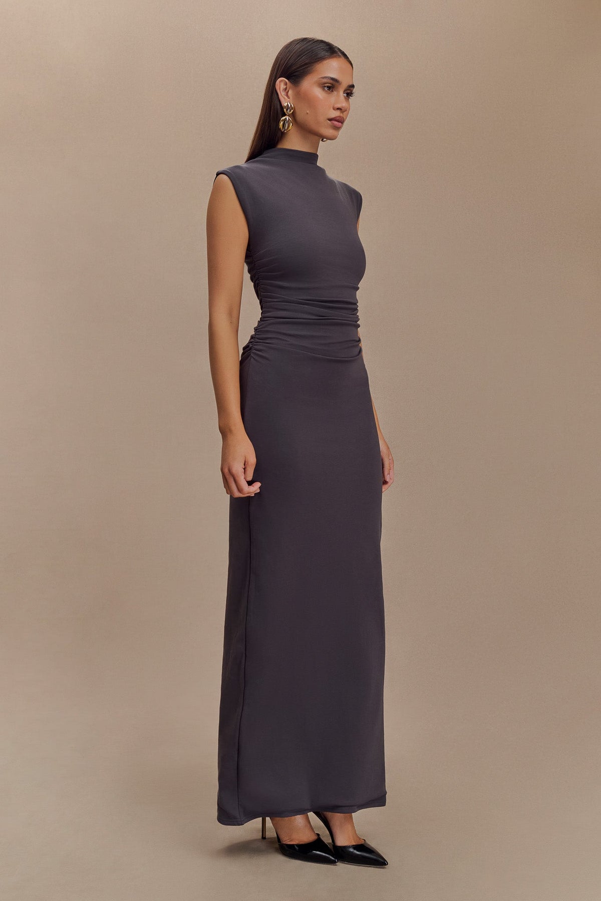charcoal grey slinky backless high neck tie maxi dress Elliot Sleeveless - Dark Elevate the look with