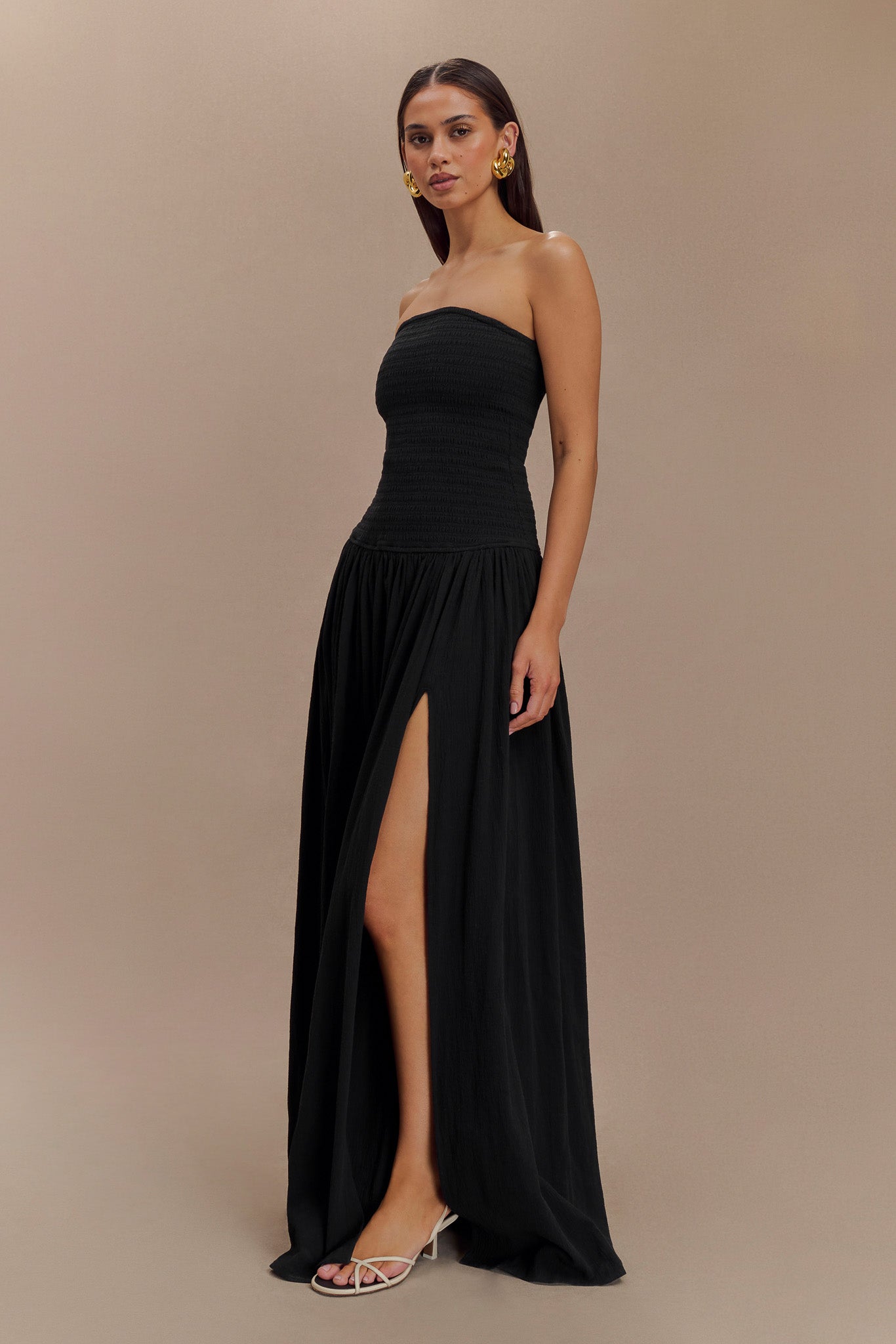 Maureen Cotton Shirring Maxi Dress - Black