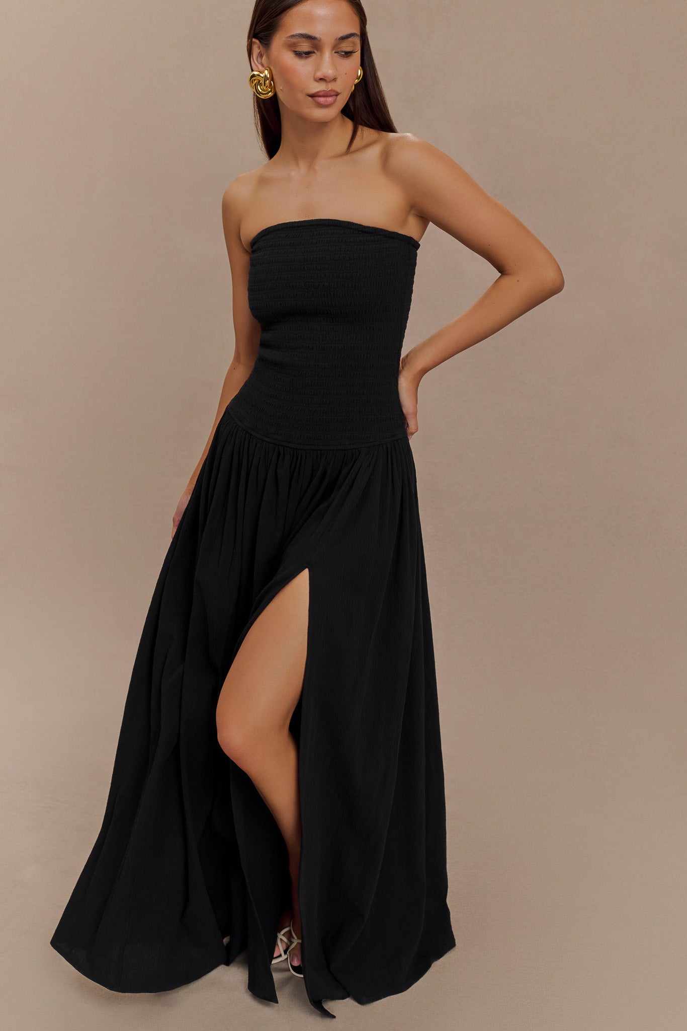 Maureen Cotton Shirring Maxi Dress - Black #4