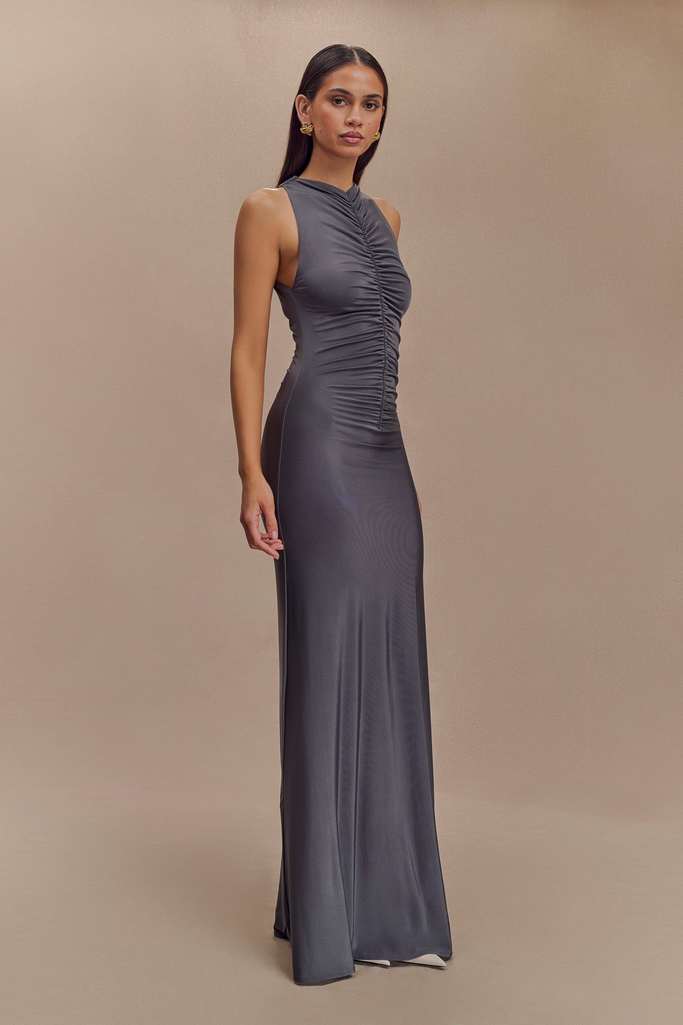 Priya Slinky Ruched Halter Maxi Dress - Dark Charcoal