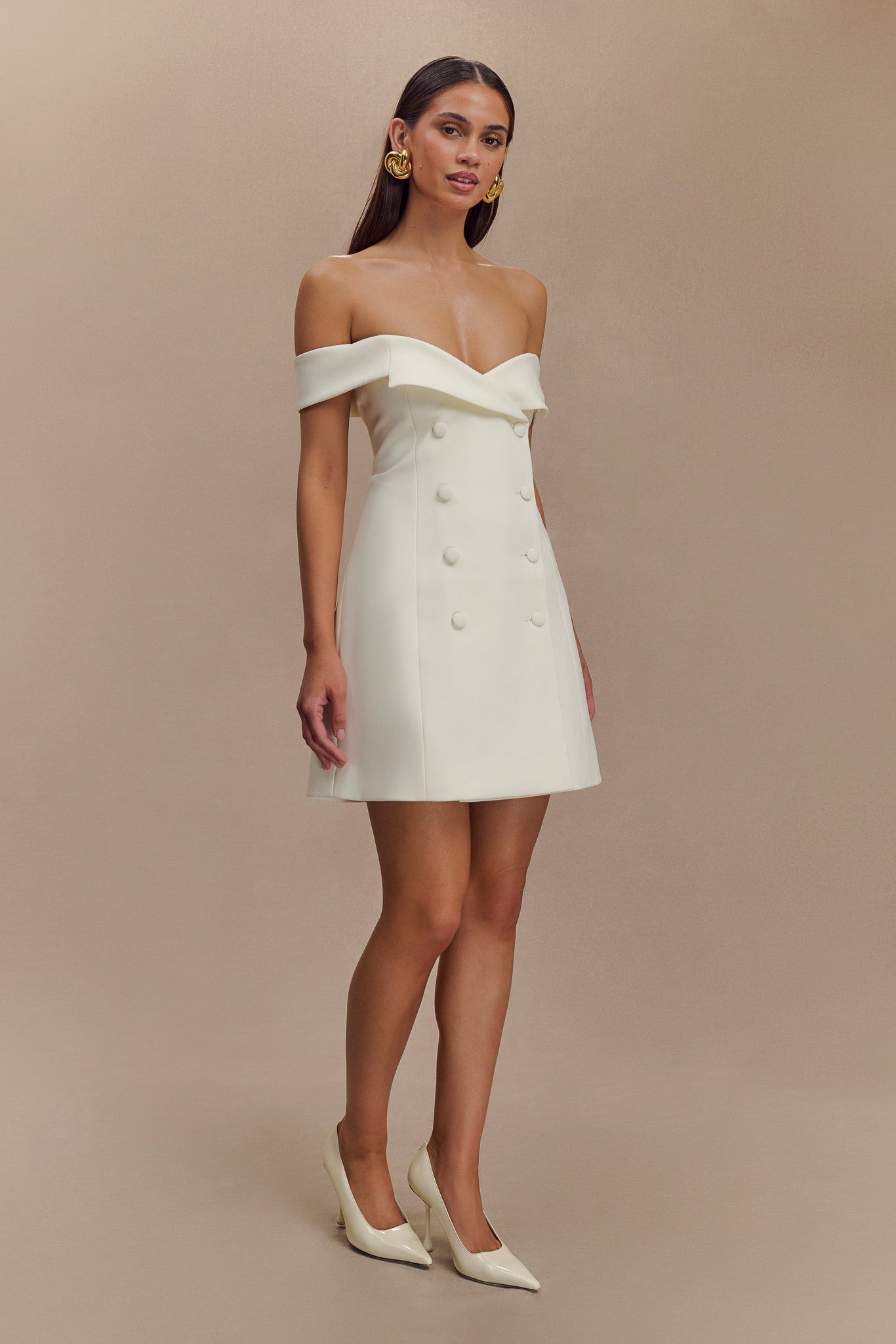 Noelle Off Shoulder Suiting Mini Dress - Ivory #8