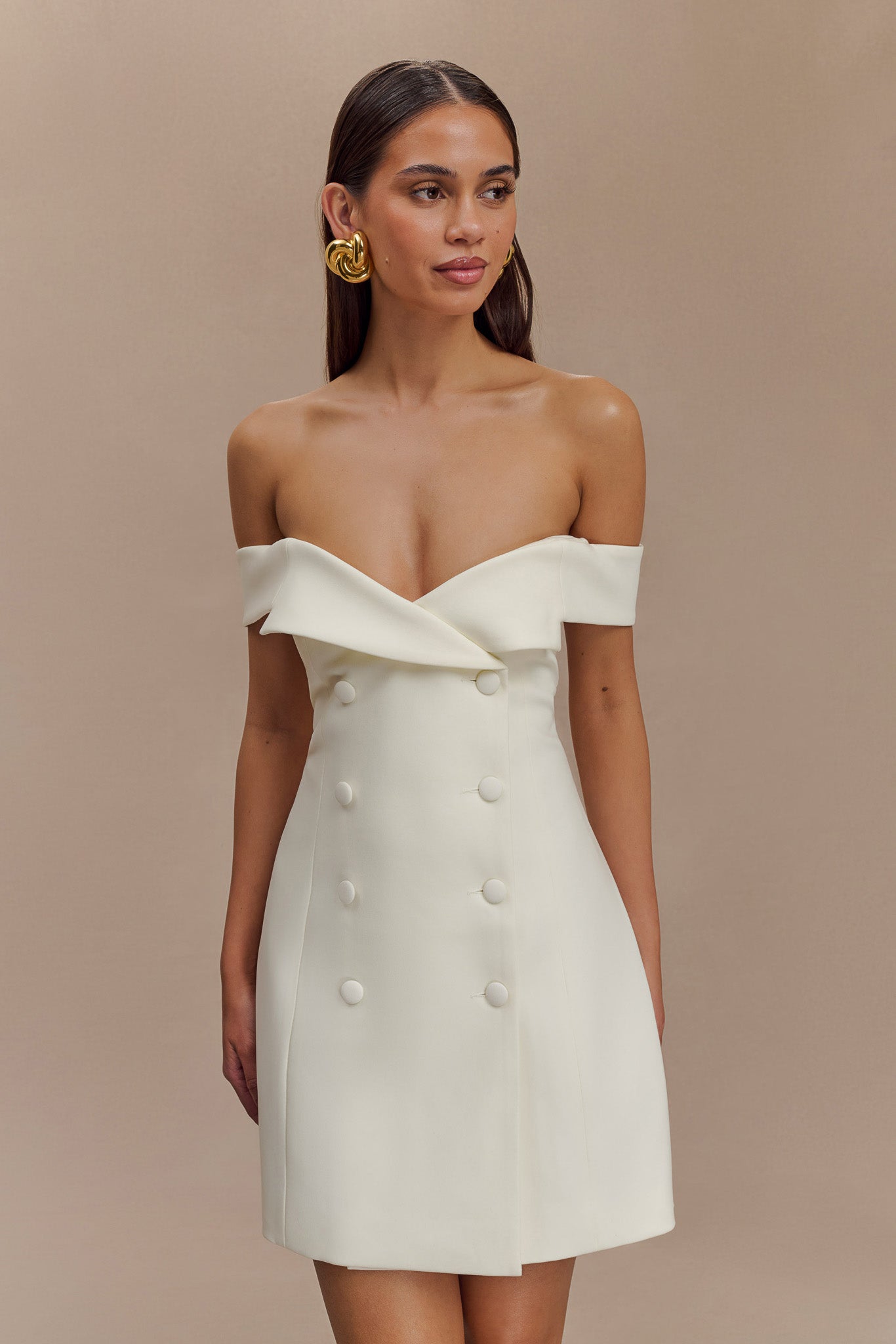 Noelle Off Shoulder Suiting Mini Dress - Ivory #3