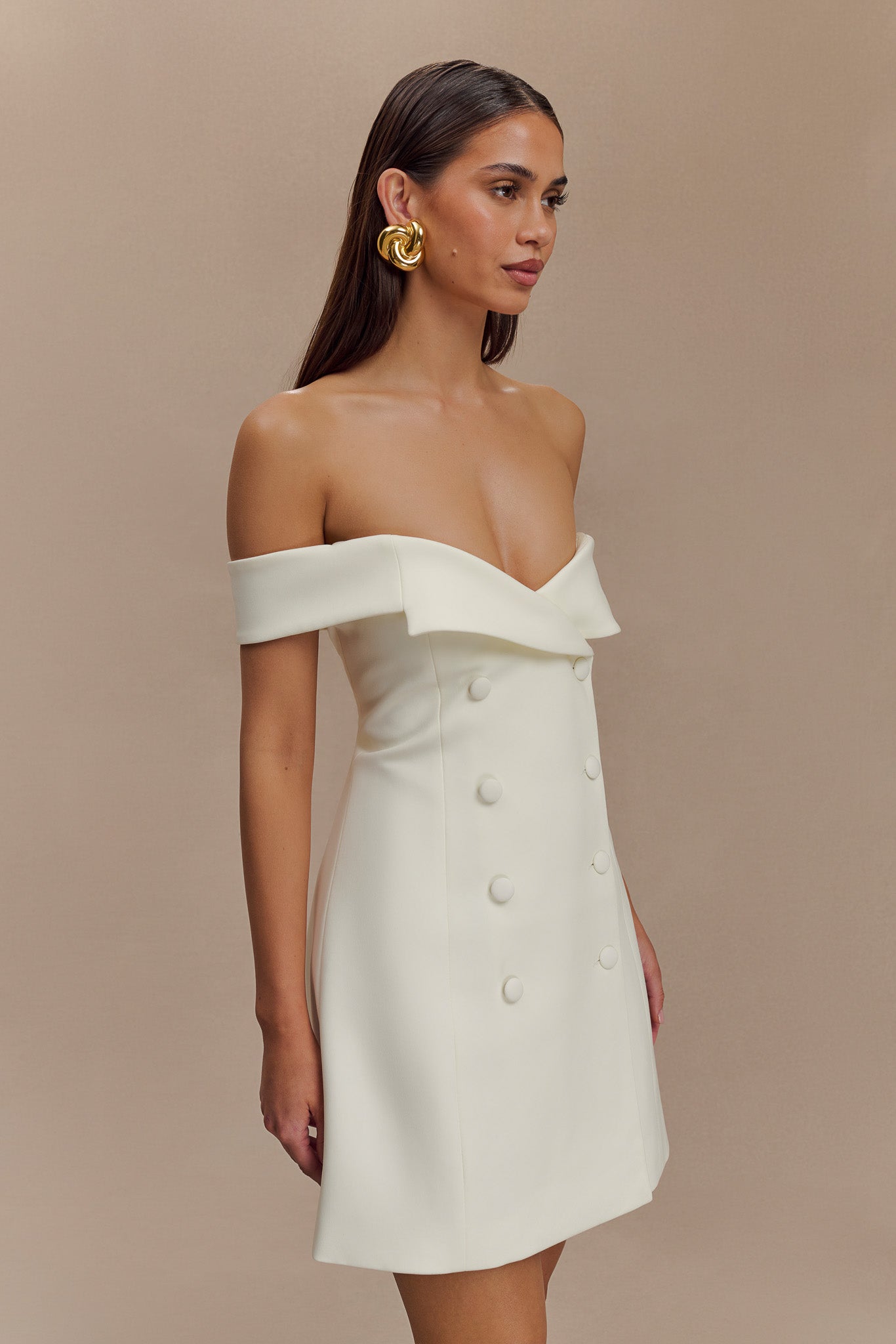 Noelle Off Shoulder Suiting Mini Dress - Ivory #5