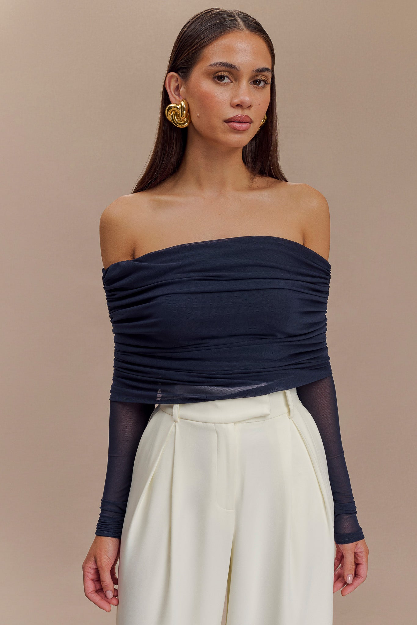 Everly Sheer Mesh Off Shoulder Top - Dark Navy #6