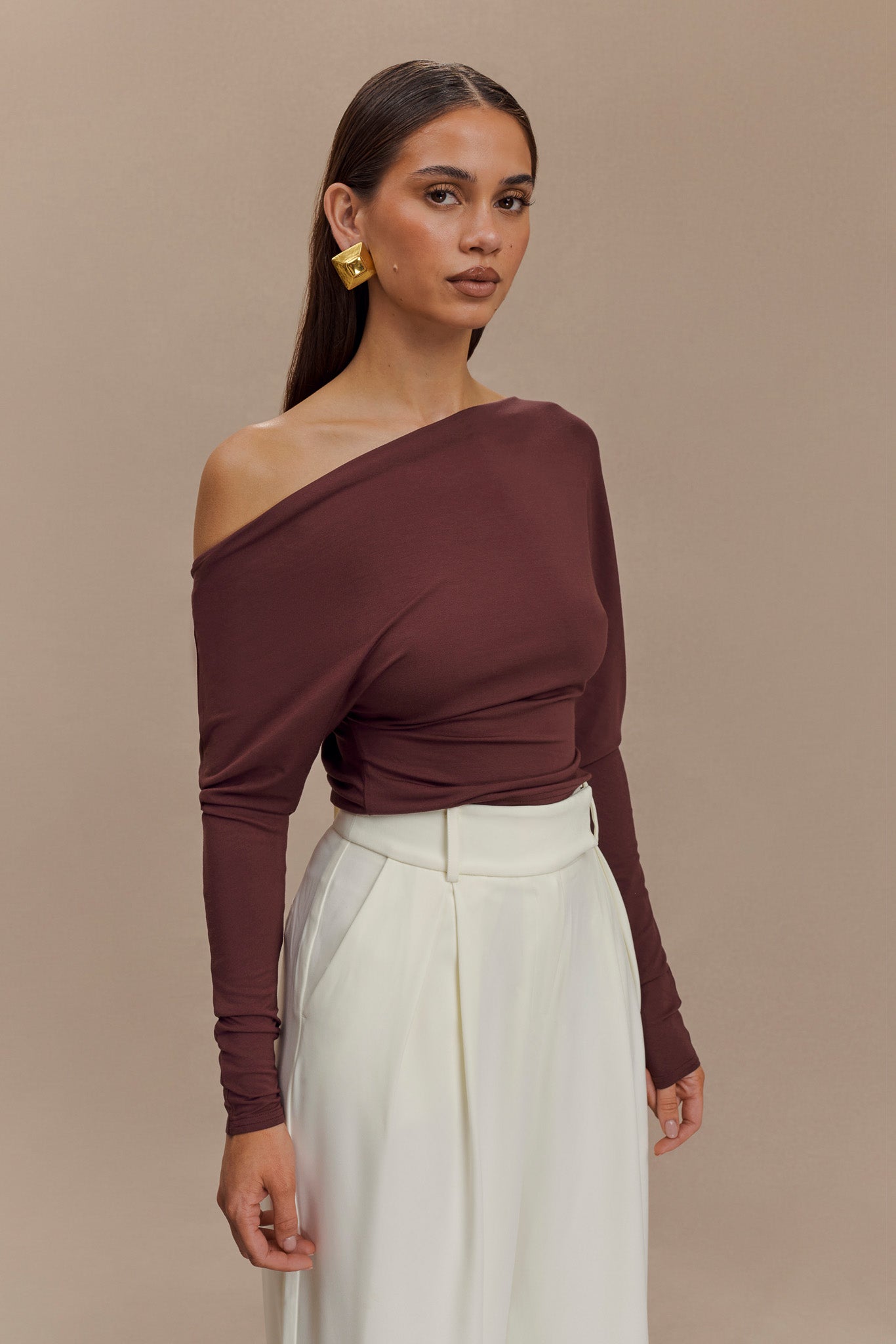 Yasmin Asymmetrical Long Sleeve Top - Mahogany