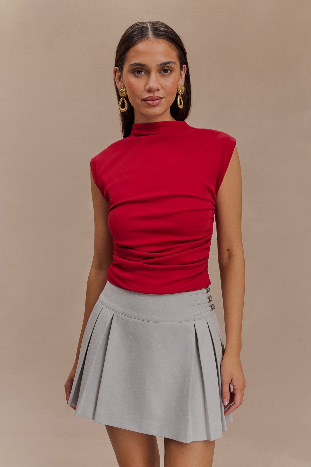 Ellia High Neck Sleeveless Top - Red