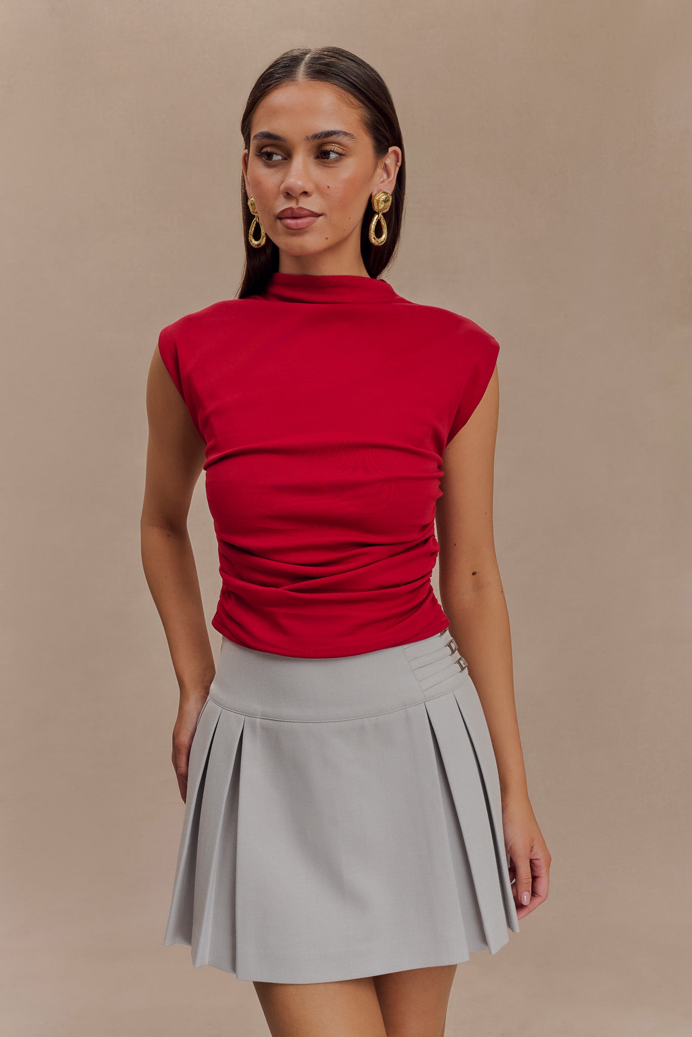 Ellia High Neck Sleeveless Top - Red