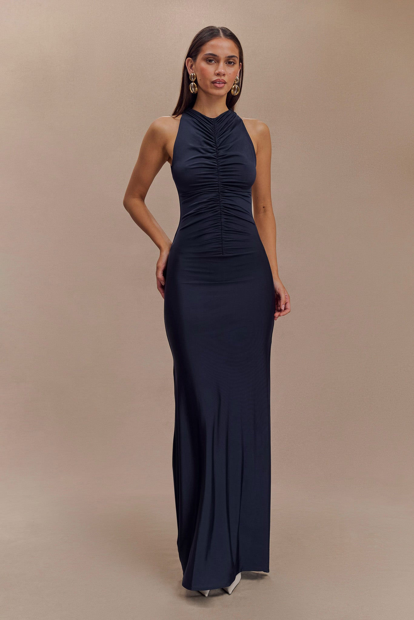 Priya Slinky Ruched Halter Maxi Dress - Navy #5