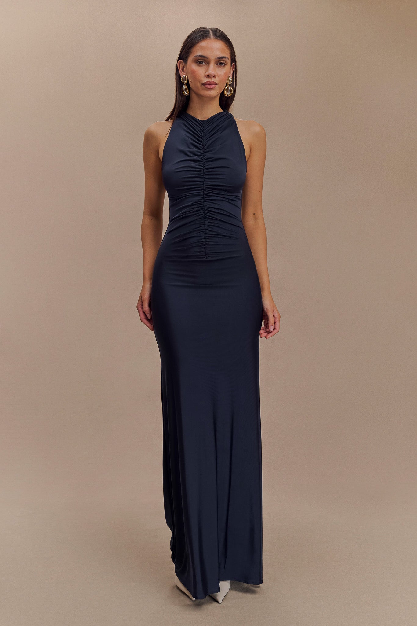 Priya Slinky Ruched Halter Maxi Dress - Navy #6