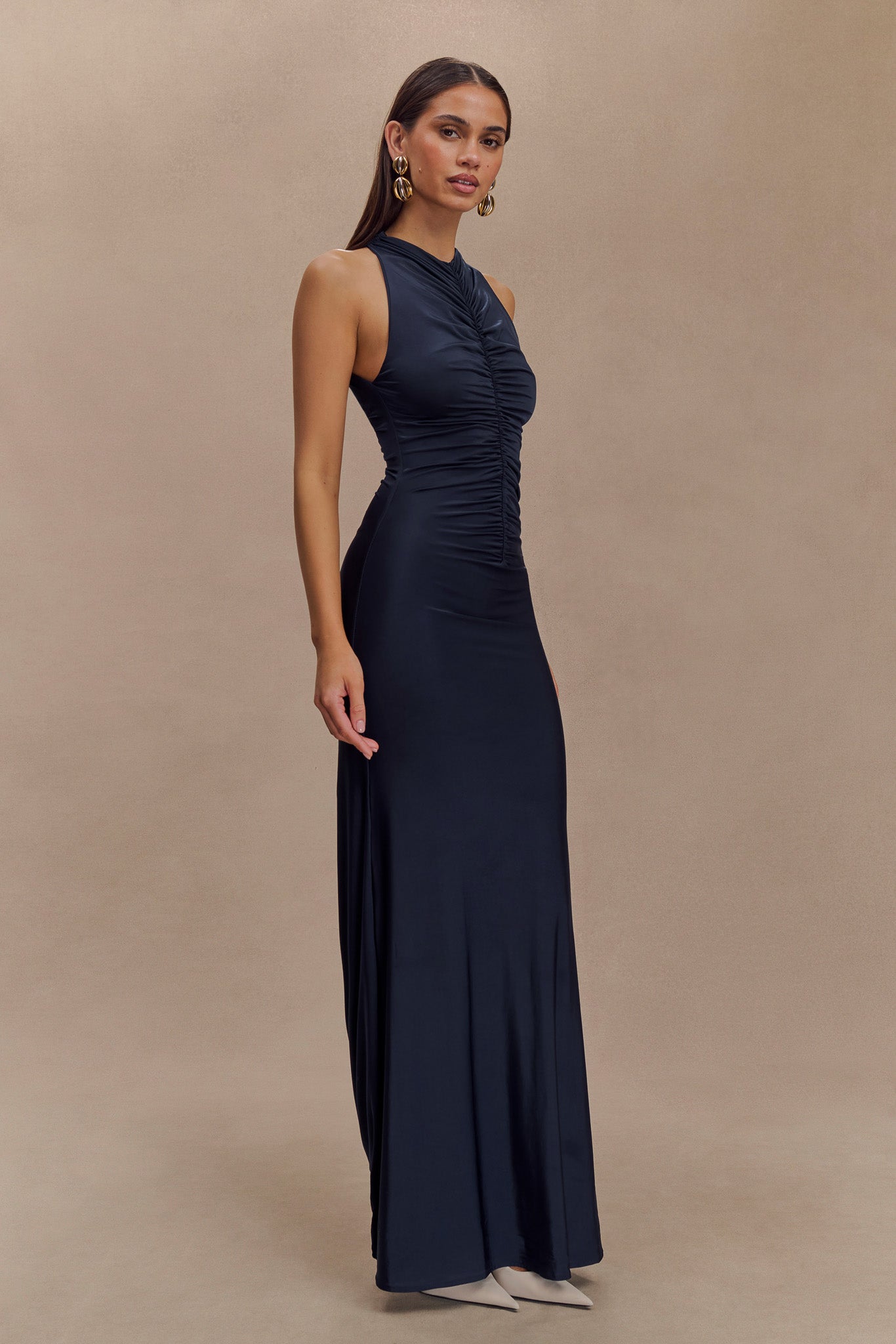 Priya Slinky Ruched Halter Maxi Dress - Navy #4