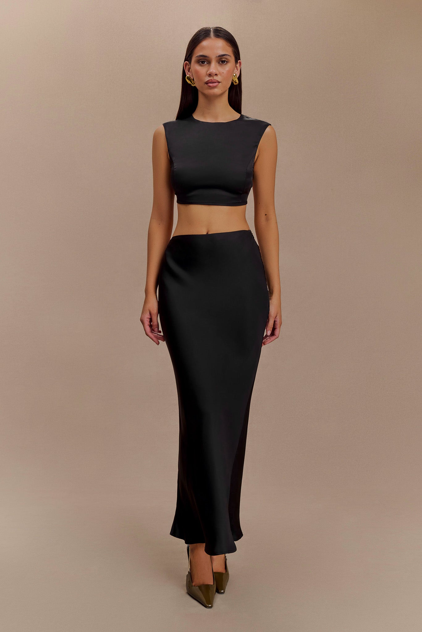 Viviana Satin Sleeveless Crop Top Black XXS