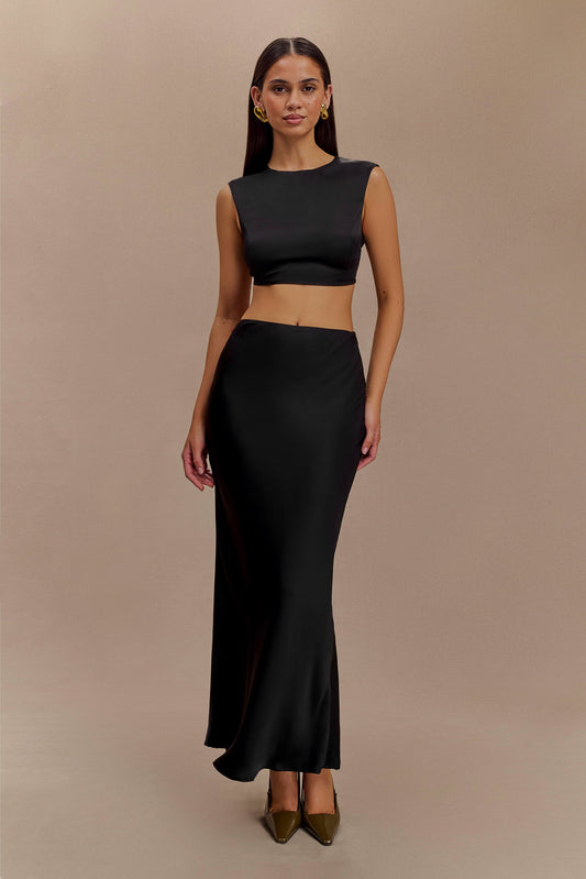 Viviana Satin Sleeveless Crop Top - Black