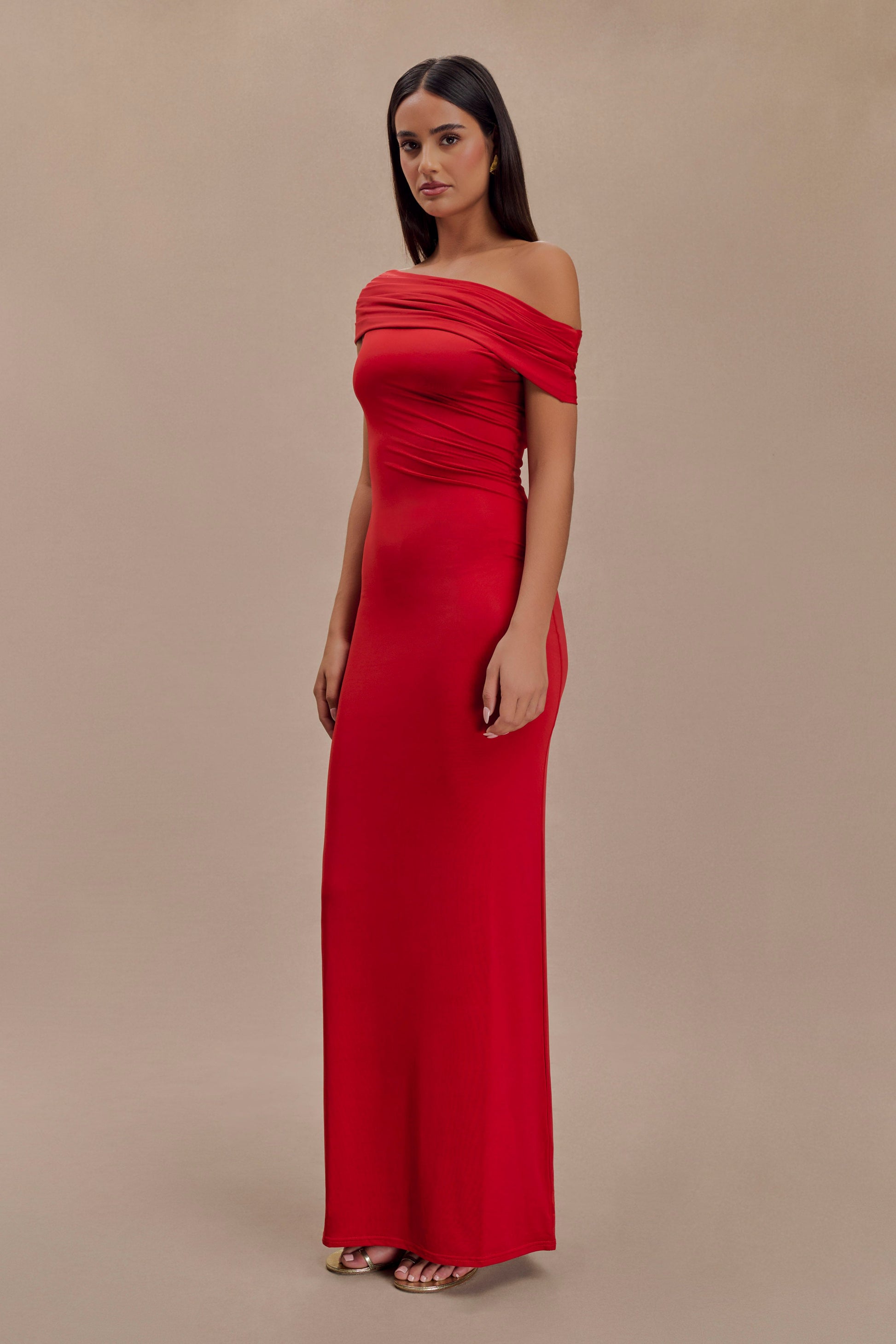 Cassandra Off Shoulder Slinky Maxi Dress - Red #4
