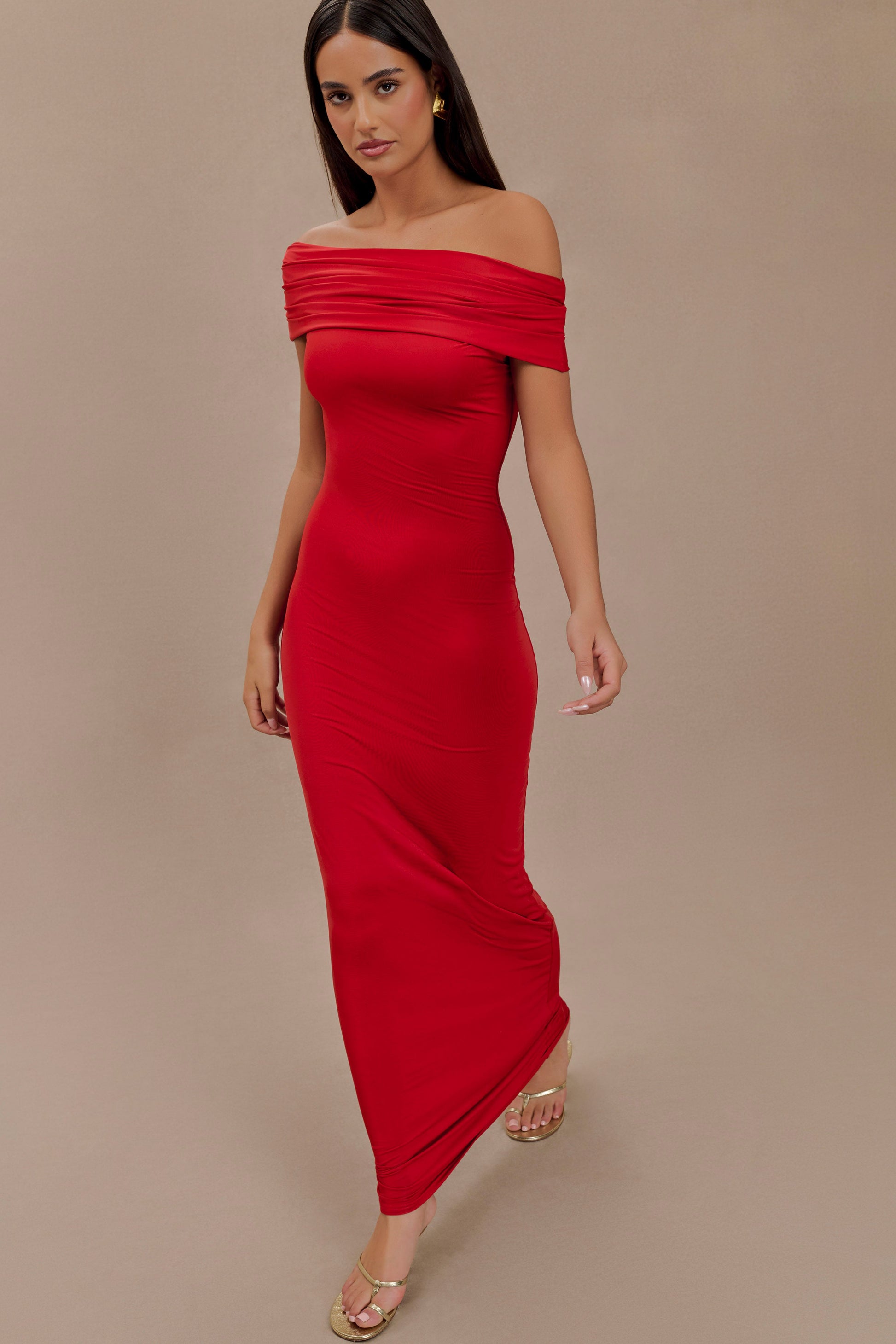 Cassandra Off Shoulder Slinky Maxi Dress - Red #6