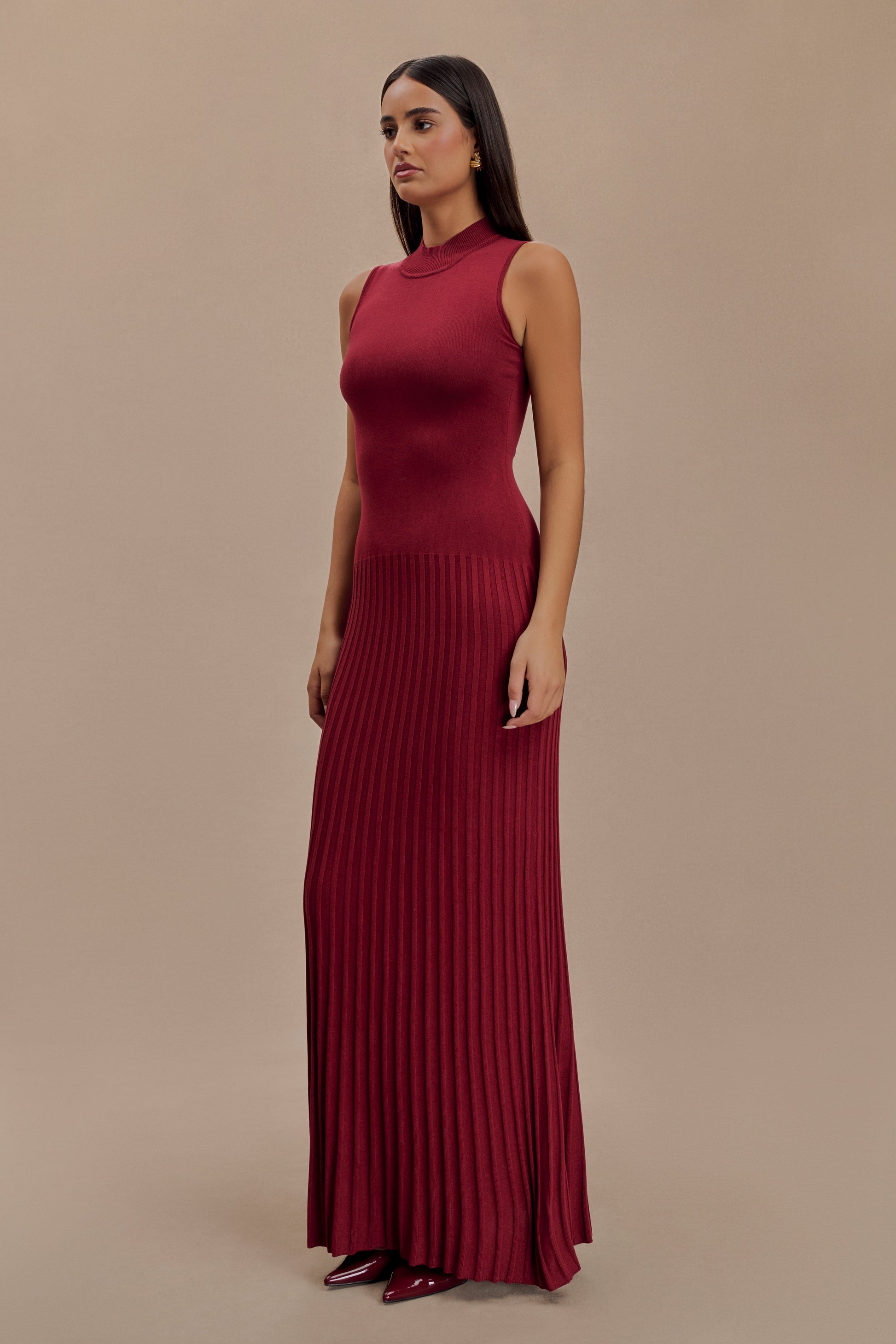 Mavis High Neck Pleated Maxi Dress - Mahogany #4