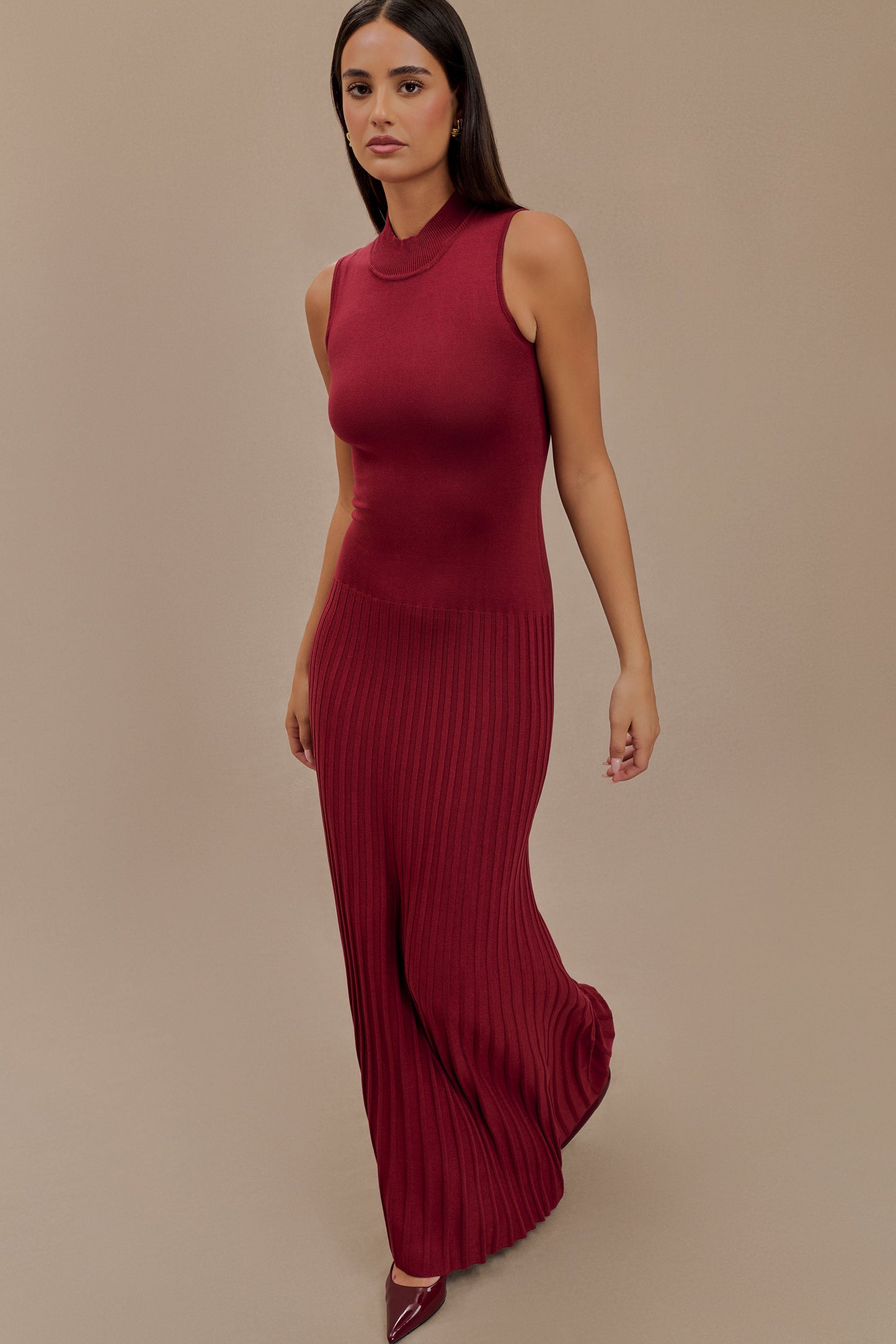 Mavis High Neck Pleated Maxi Dress - Mahogany