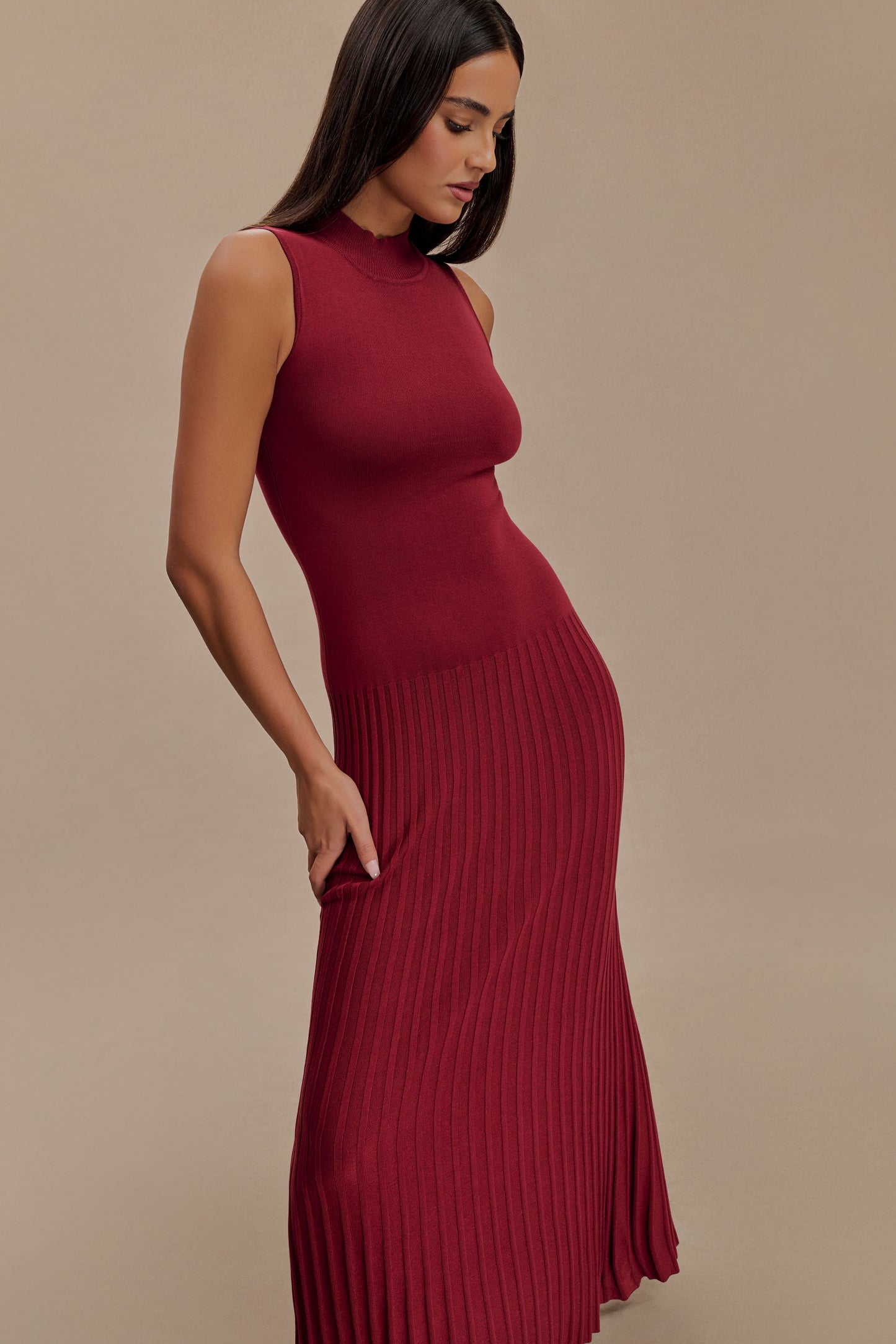 Mavis High Neck Pleated Maxi Dress - Mahogany