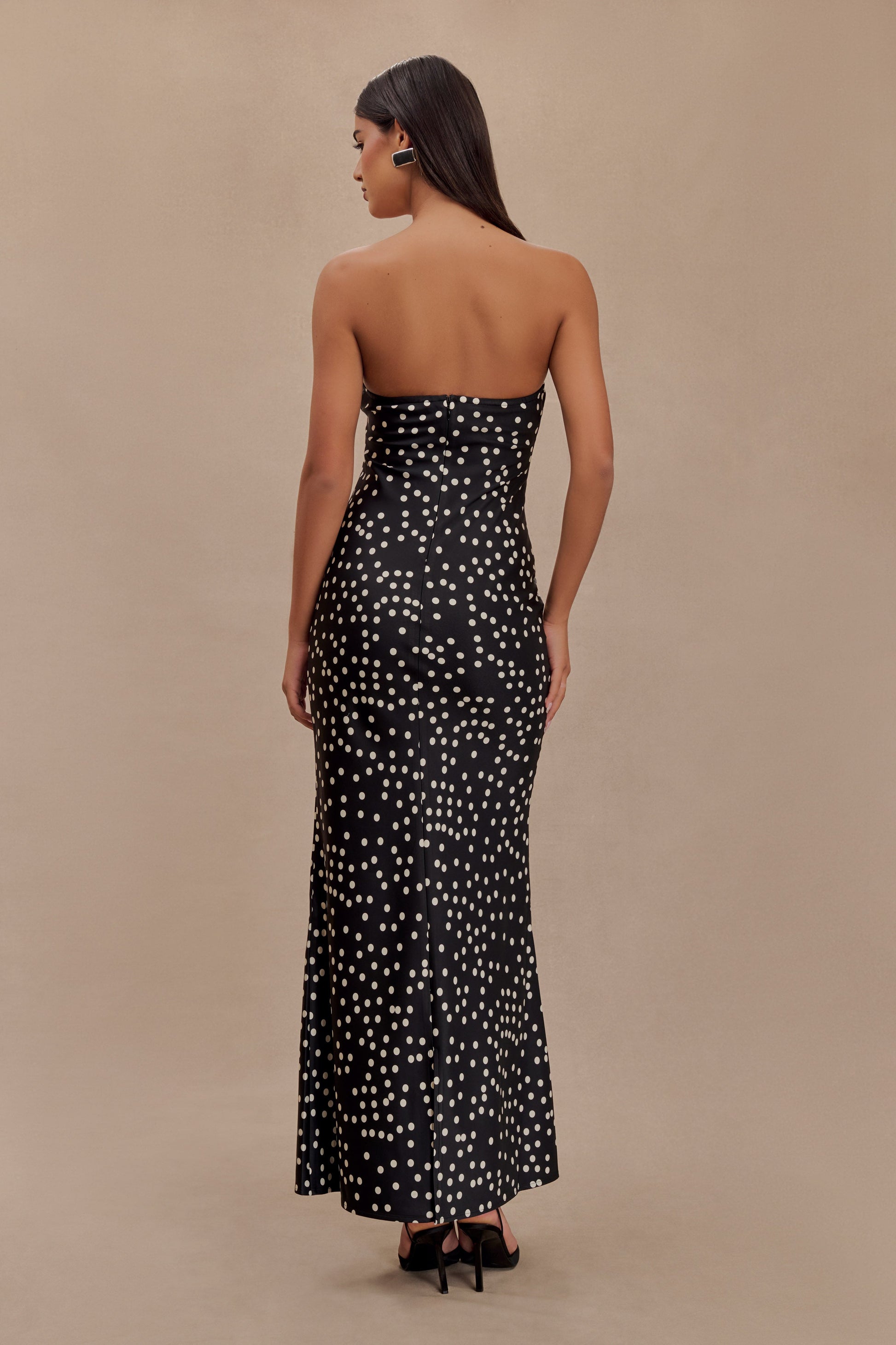Claudette Strapless Satin Maxi Dress - Black Polka Dot Print #2