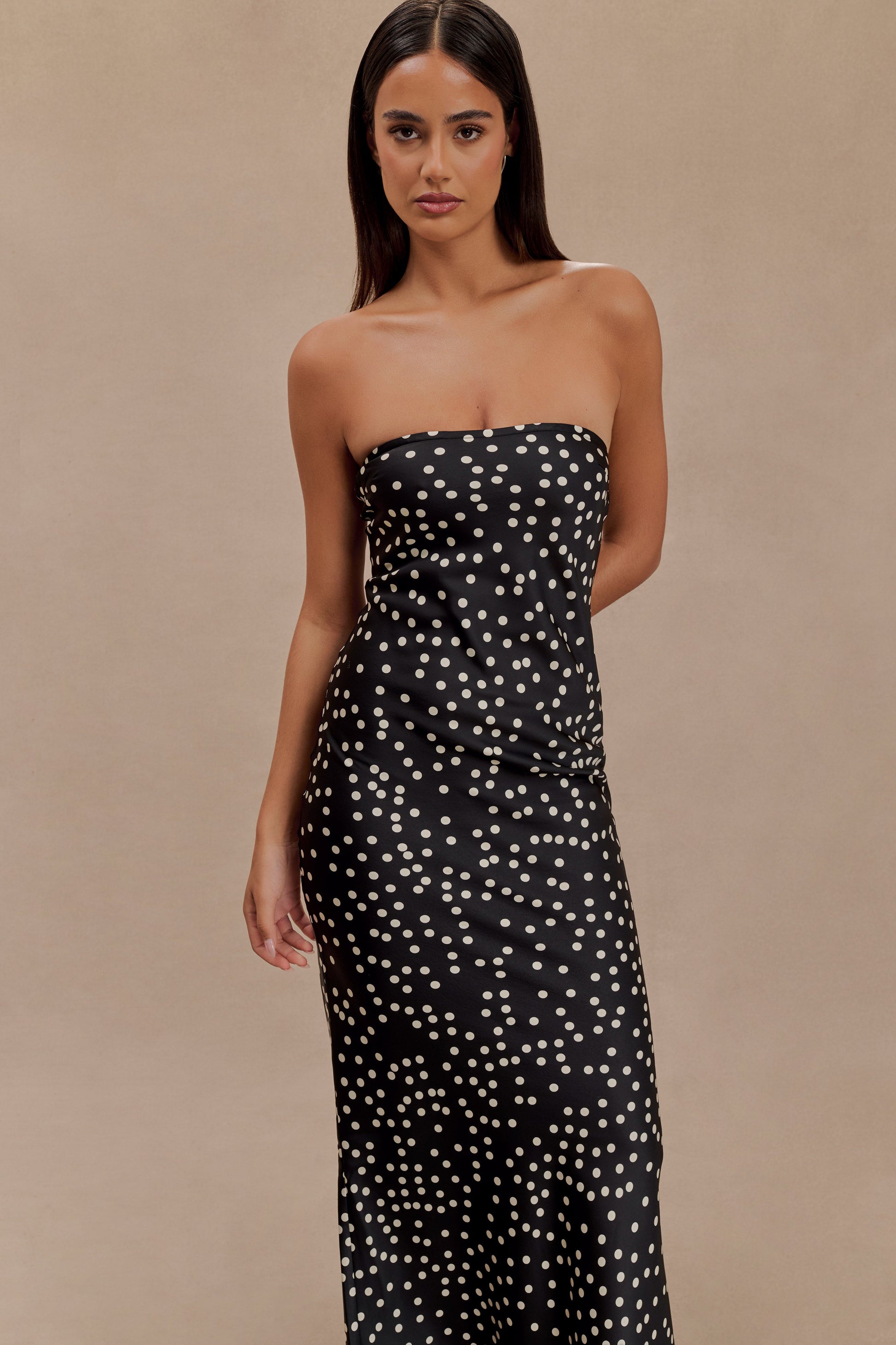 Claudette Strapless Satin Maxi Dress - Black Polka Dot Print #4