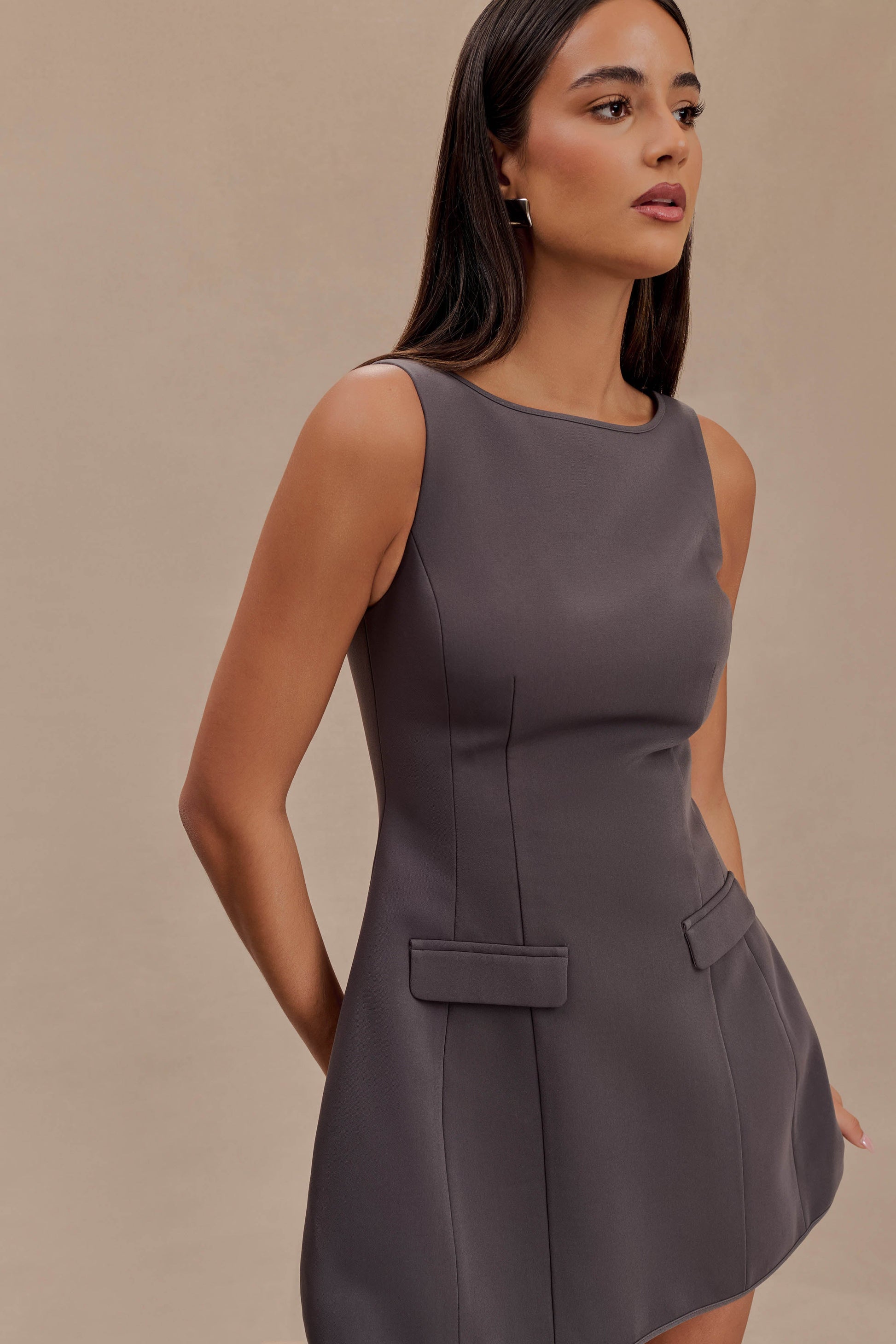 Evanna Sleeveless Suiting Mini Dress - Charcoal Grey #3