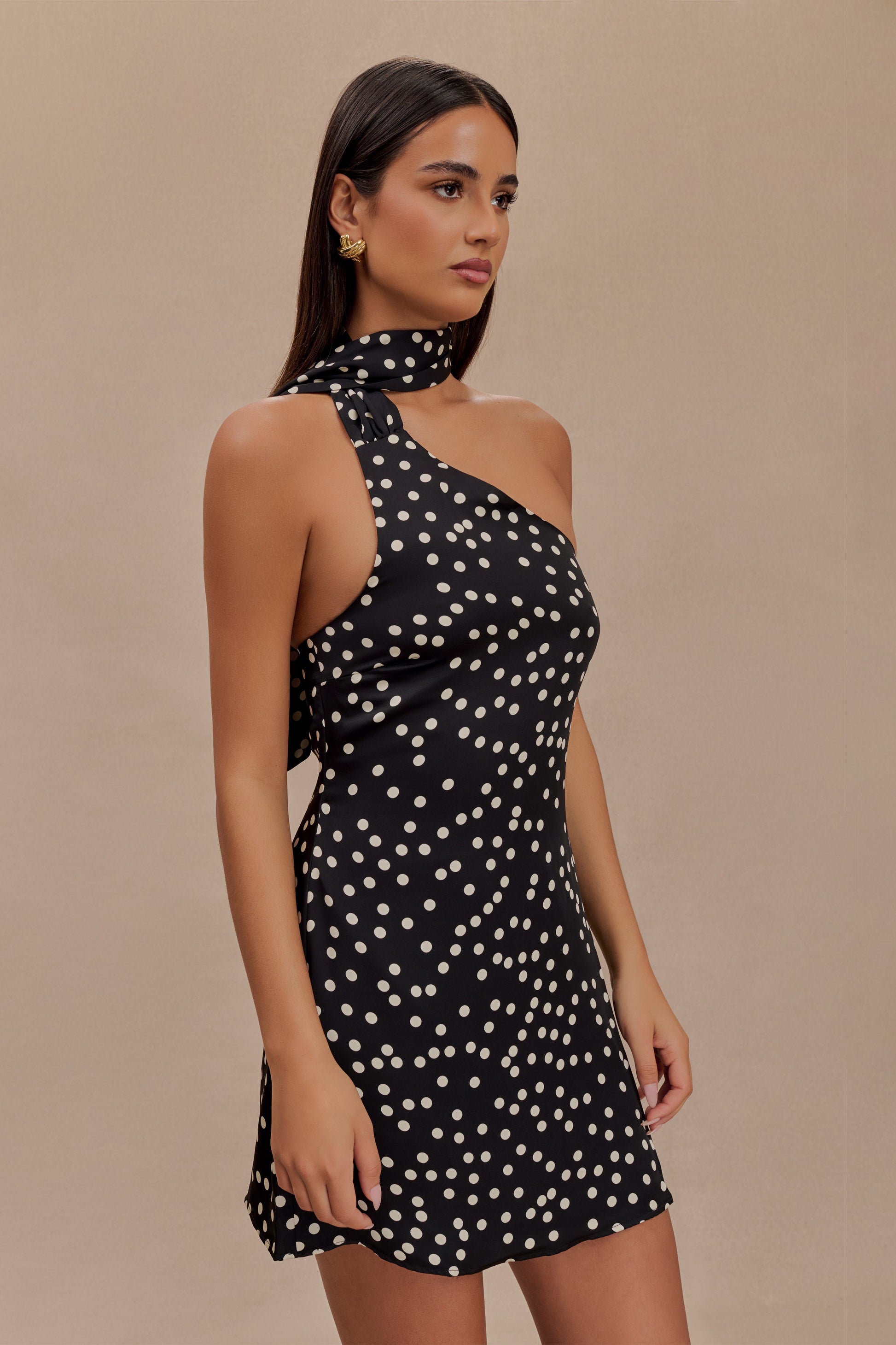 Joan Satin Asymmetrical Mini Dress - Black Polka Dot Print #5