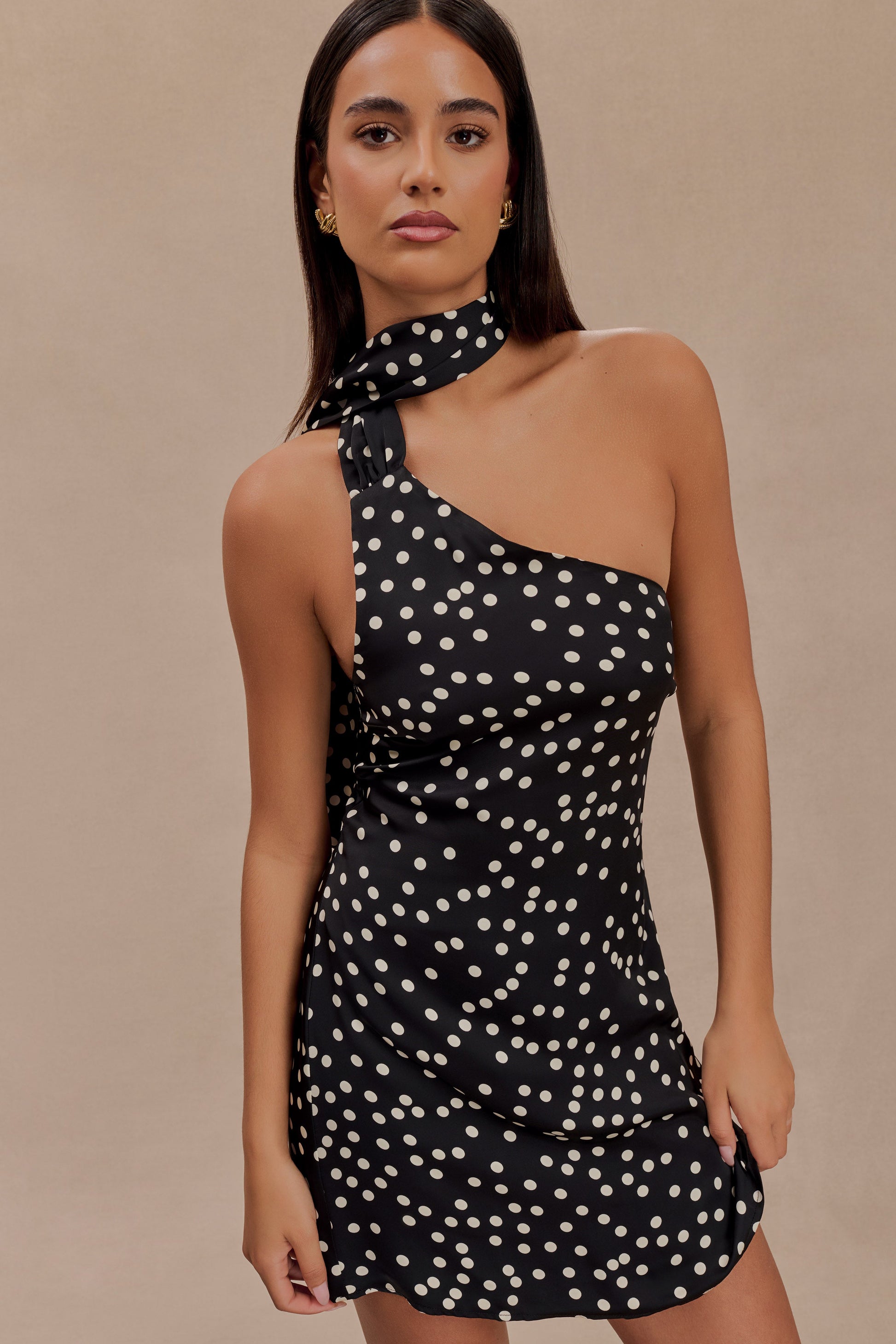 Joan Satin Asymmetrical Mini Dress - Black Polka Dot Print #3