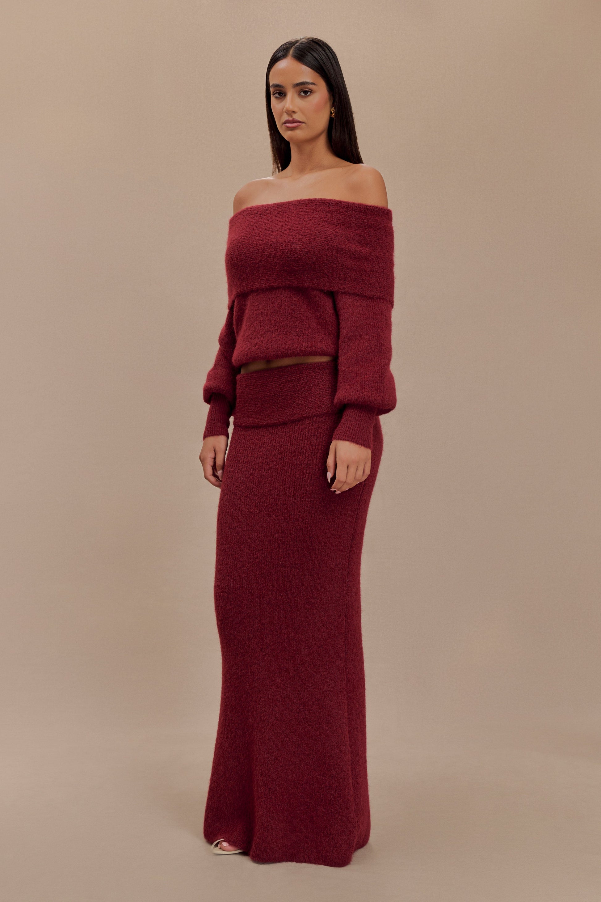 Charlotte Knit Maxi Skirt With Overlay - Merlot #3