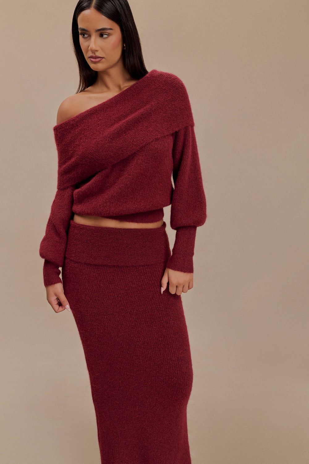 Charlotte Off Shoulder Knit Long Sleeve Top - Merlot