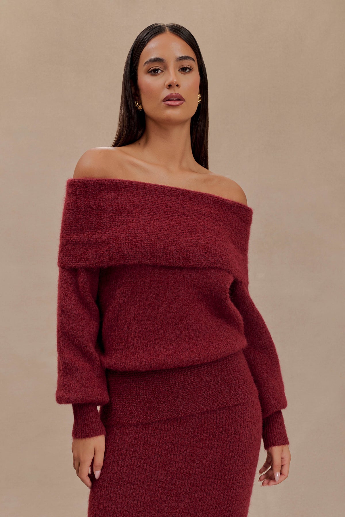 Charlotte Off Shoulder Knit Long Sleeve Top - Merlot #9