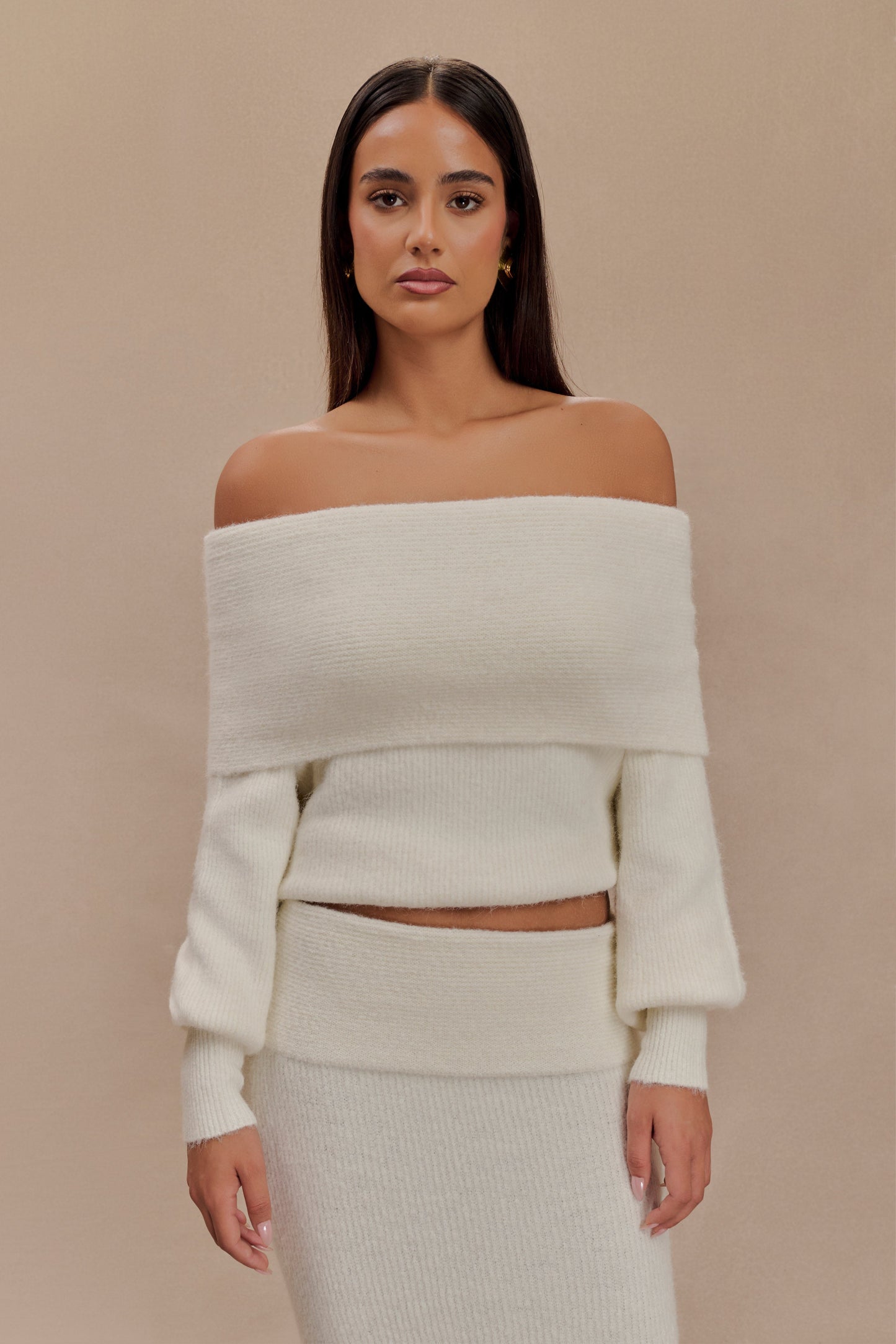 Charlotte Off Shoulder Knit Long Sleeve Top - Ivory