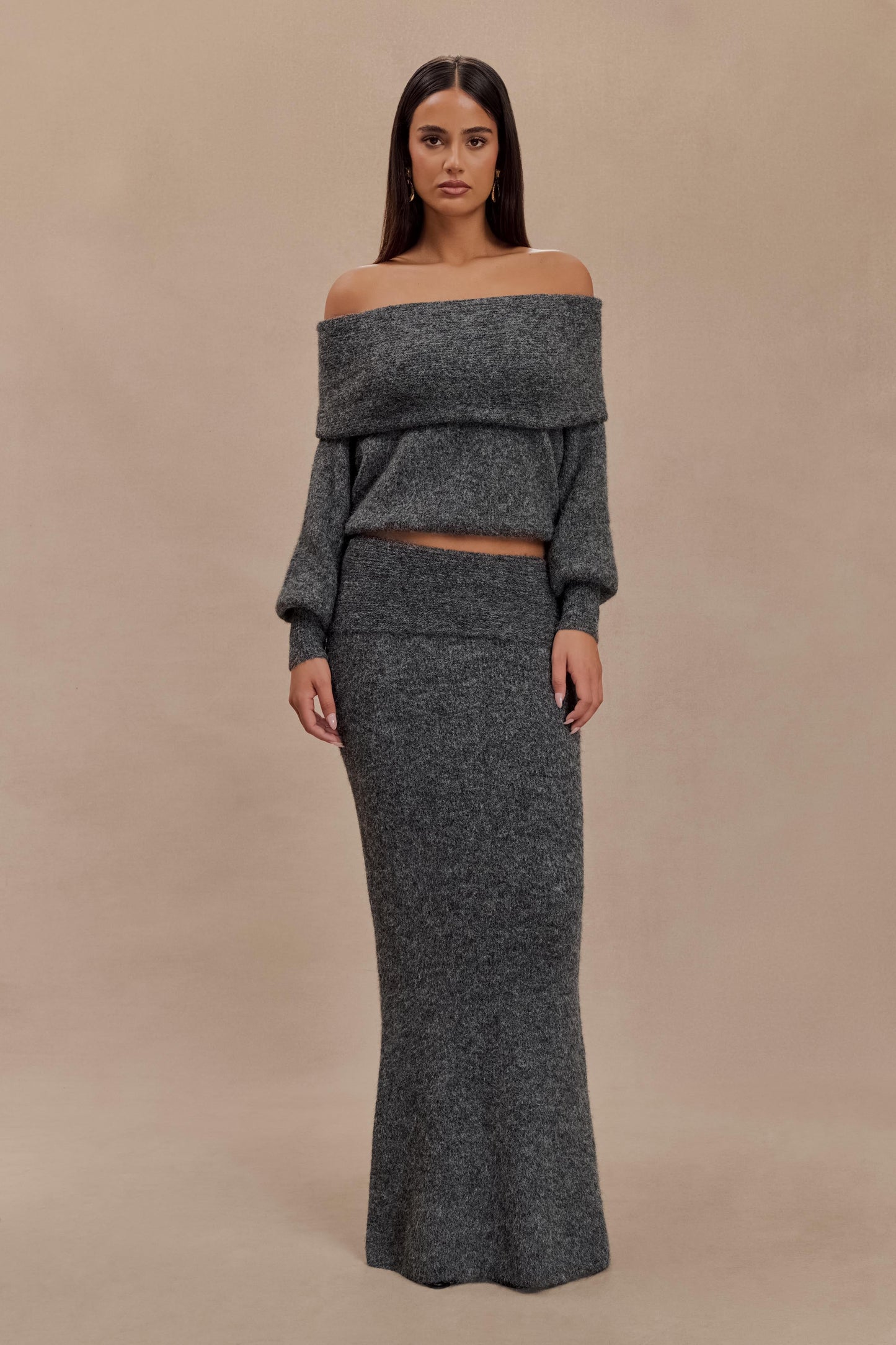 Charlotte Knit Maxi Skirt With Overlay - Charcoal