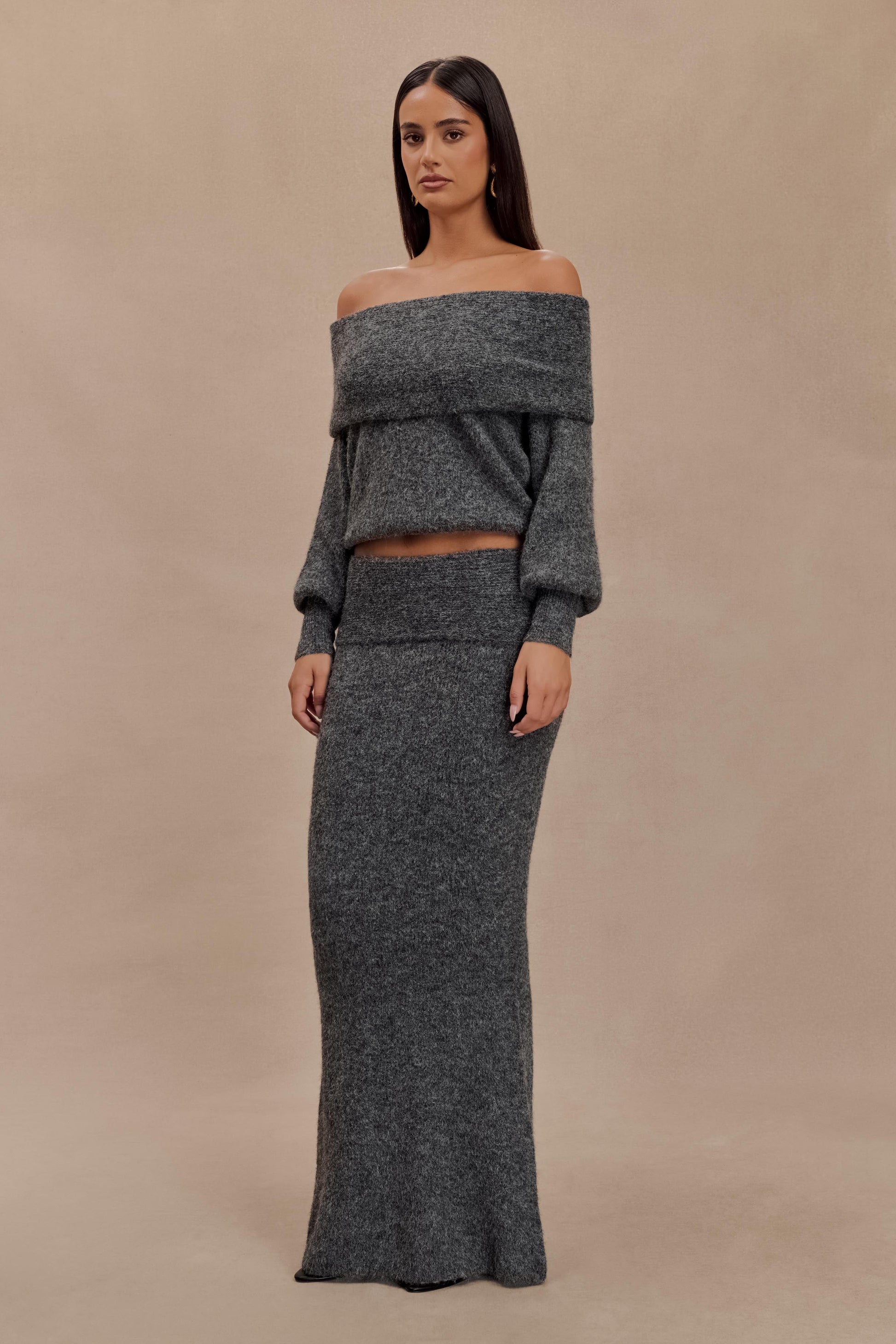 Charlotte Knit Maxi Skirt With Overlay - Charcoal #3