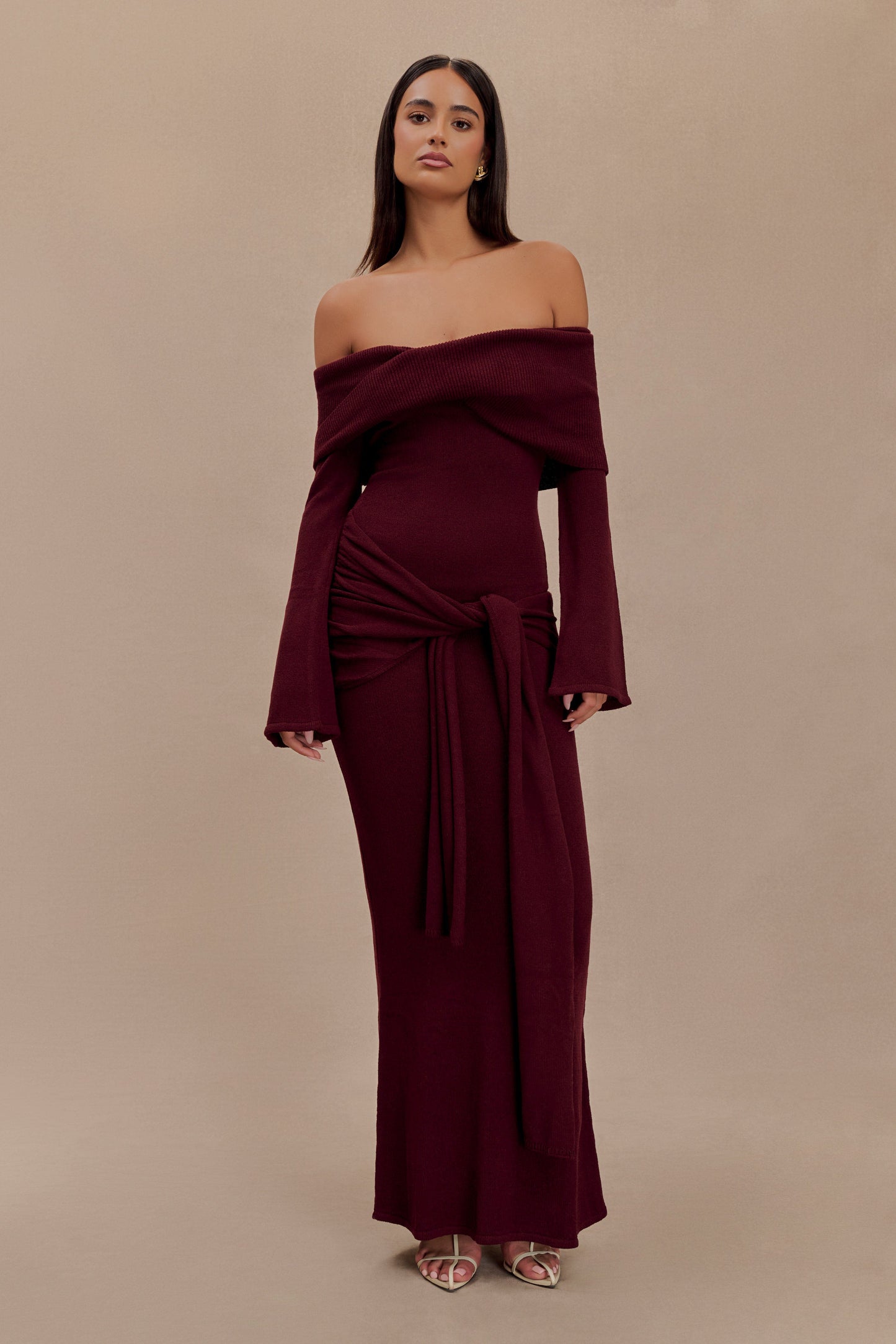 Cameron Off Shoulder Tie Maxi Dress - Merlot