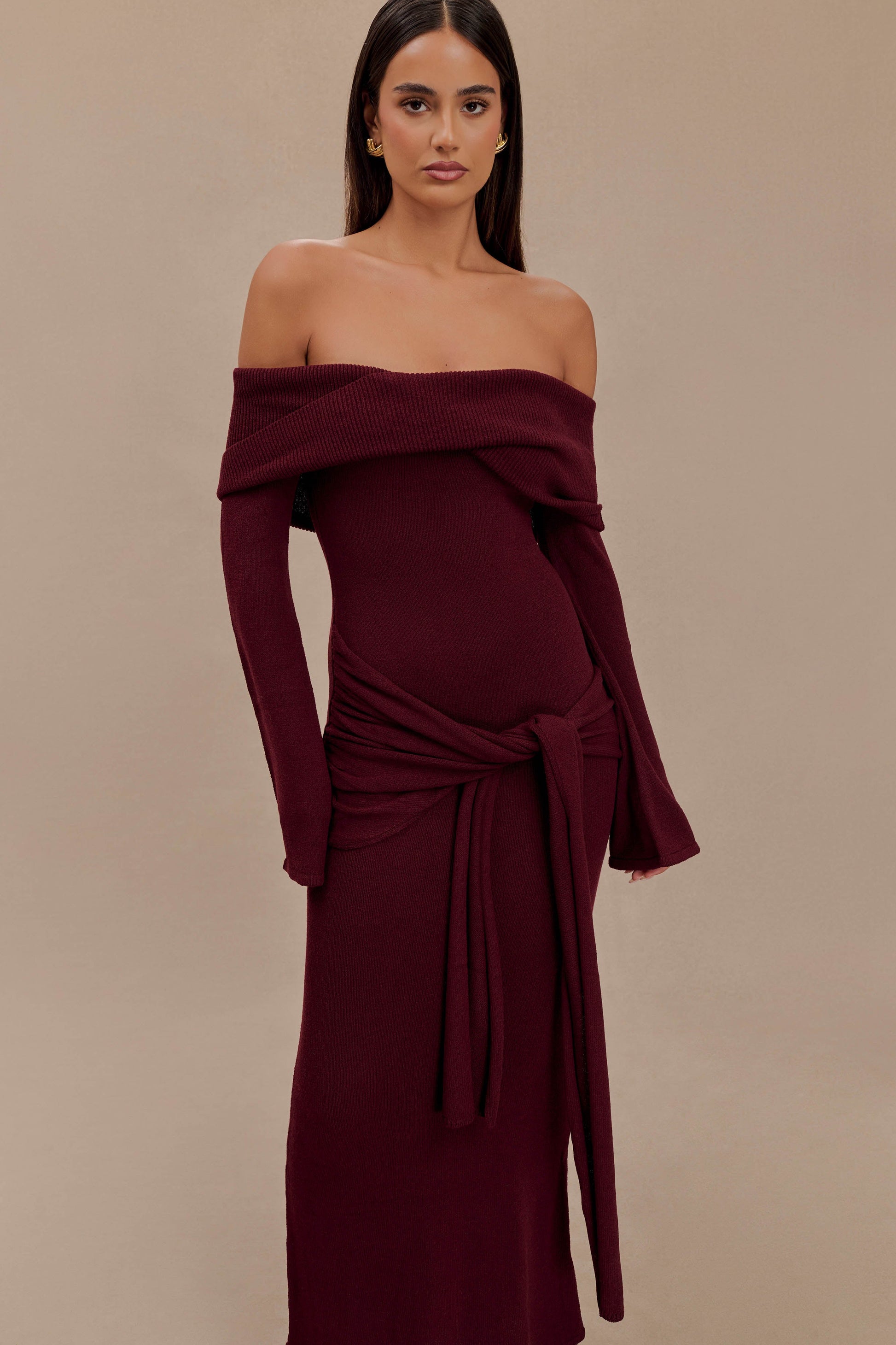 Cameron Off Shoulder Tie Maxi Dress - Merlot #2