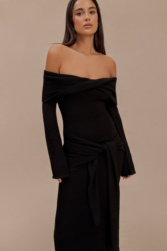 Cameron Off Shoulder Tie Maxi Dress - Black