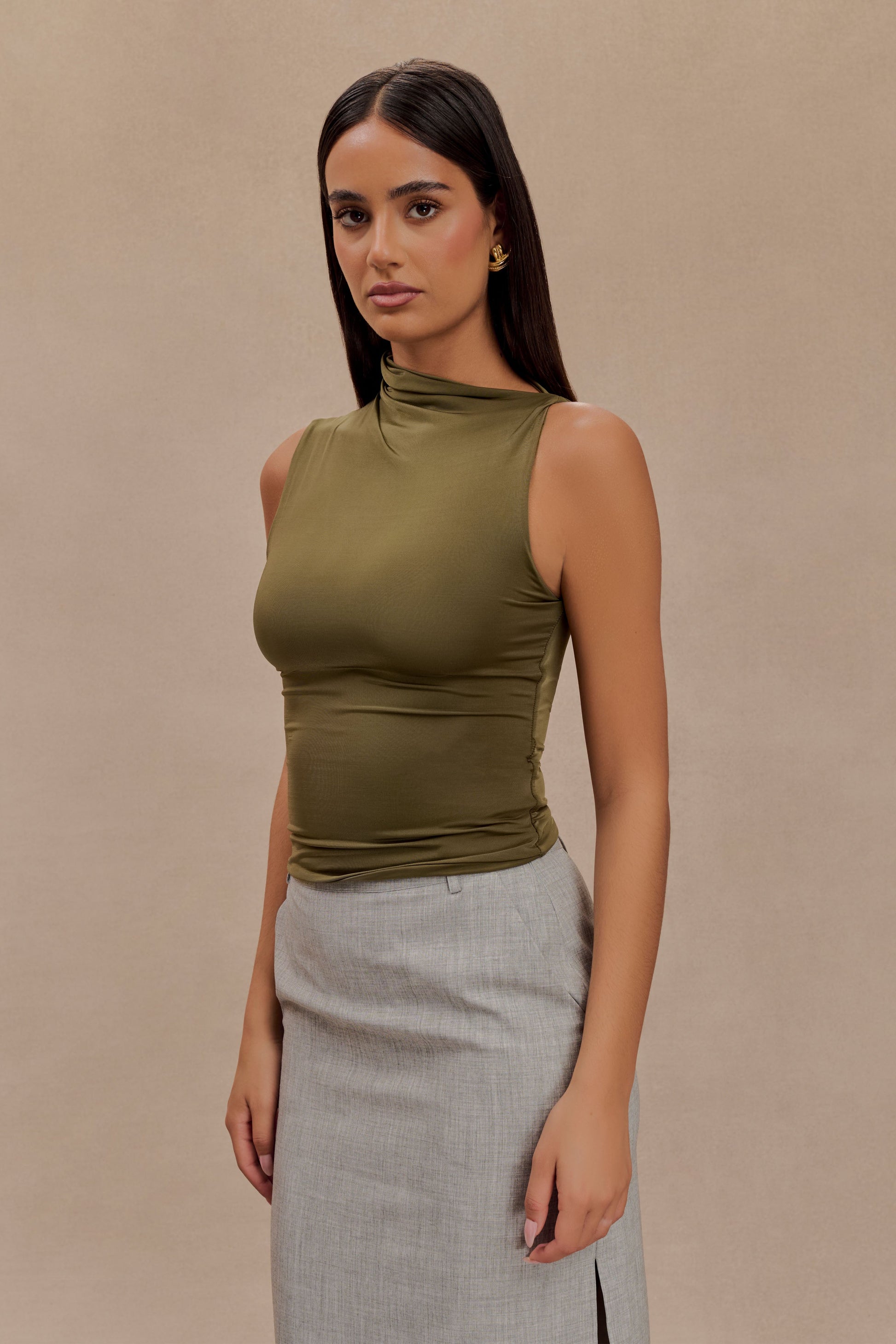 Hadleigh Sleeveless Slinky Top - Dark Olive #3