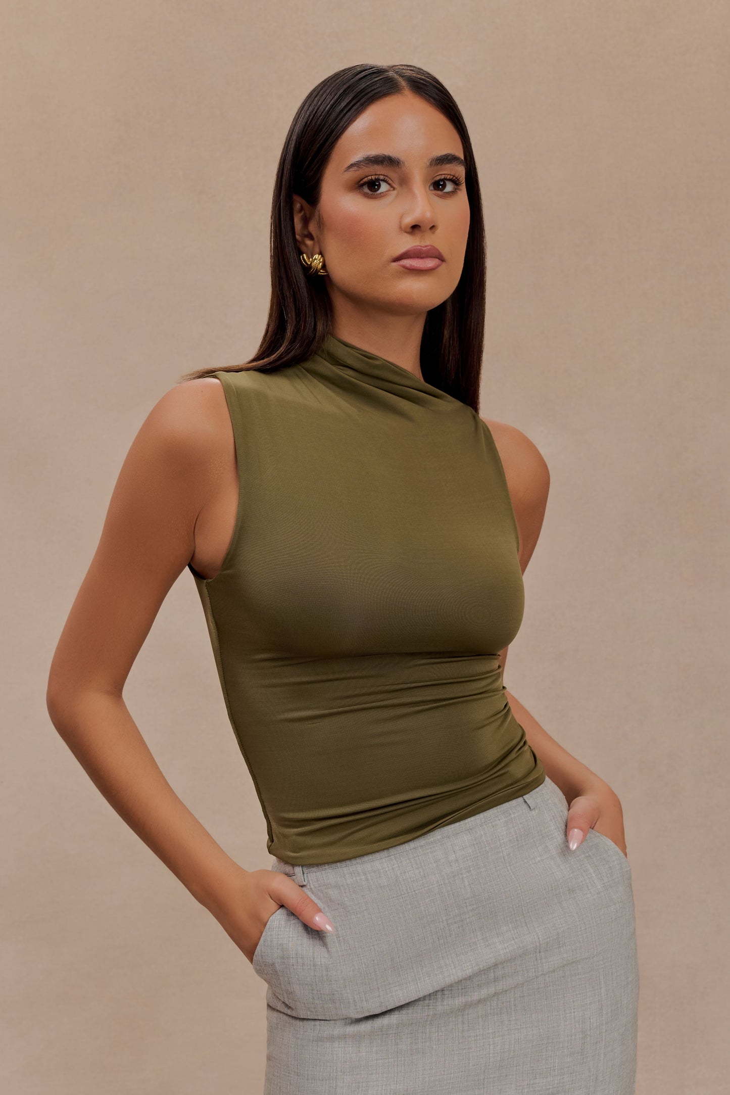 Hadleigh Sleeveless Slinky Top - Dark Olive