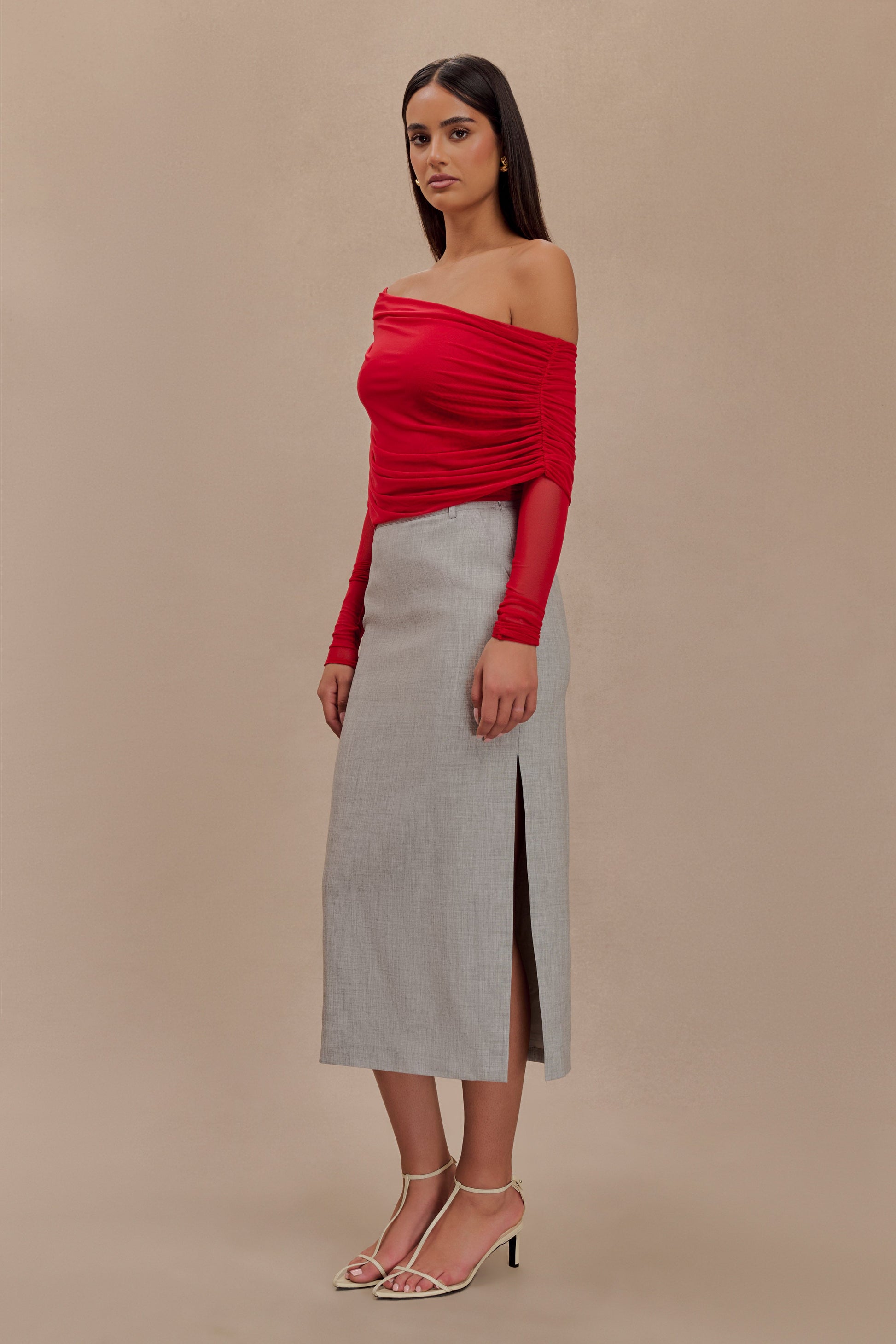 Everly Sheer Mesh Off Shoulder Top - Ruby #4