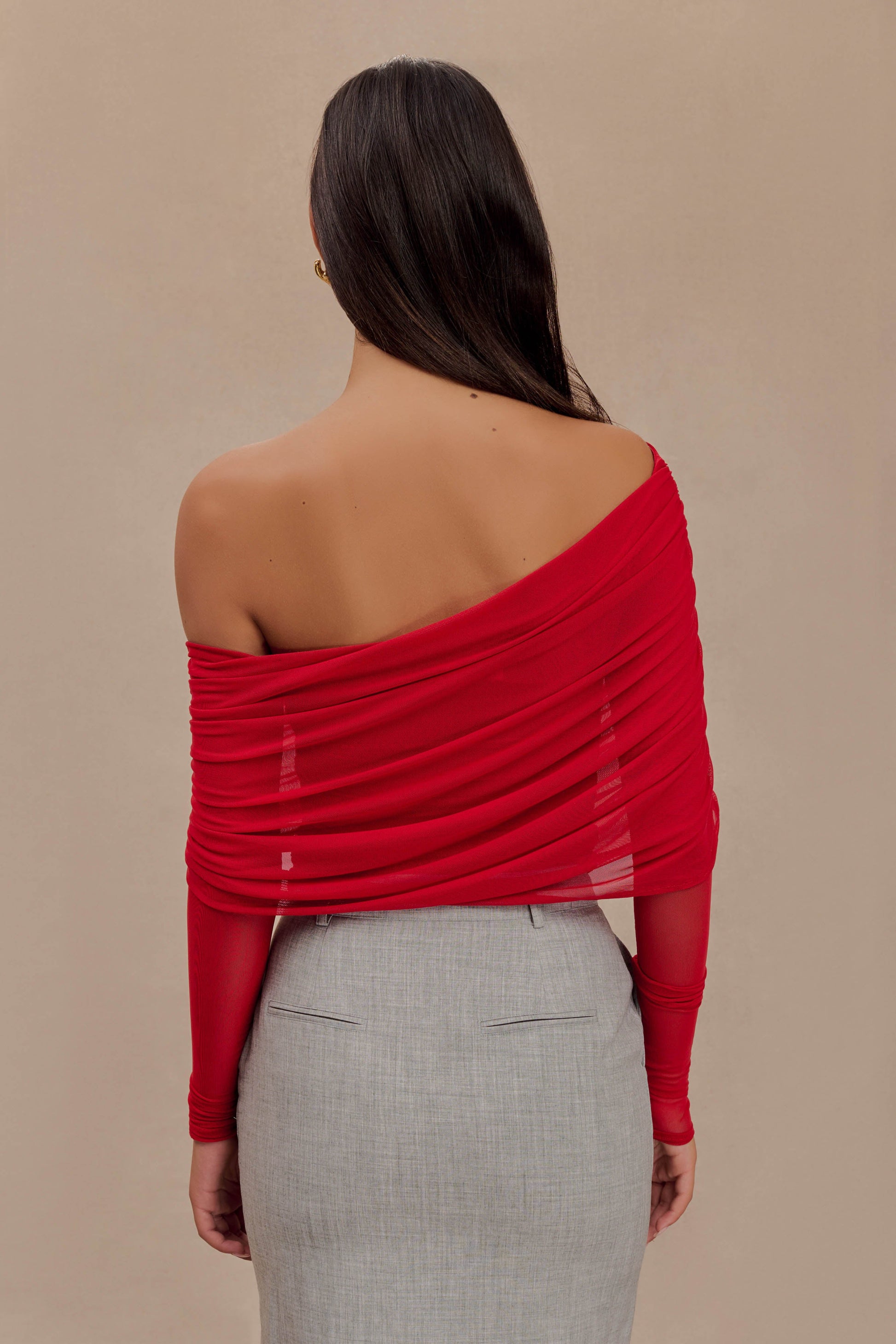 Everly Sheer Mesh Off Shoulder Top - Ruby #2