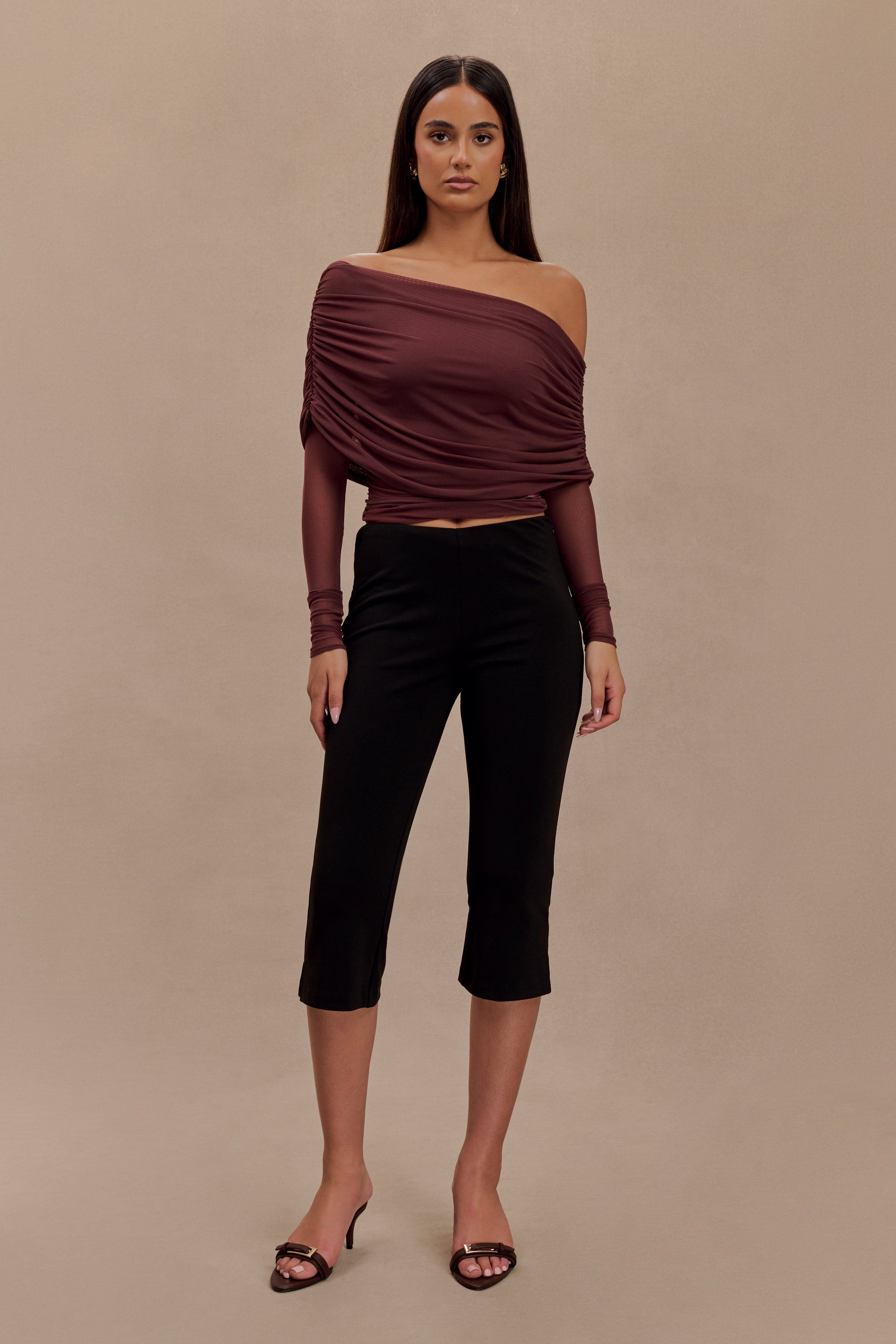 Everly Sheer Mesh Off Shoulder Top - Mahogany #4