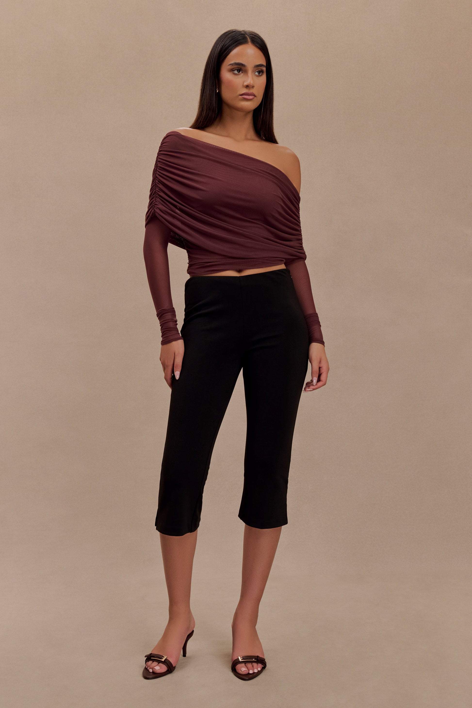 Everly Sheer Mesh Off Shoulder Top - Mahogany #6