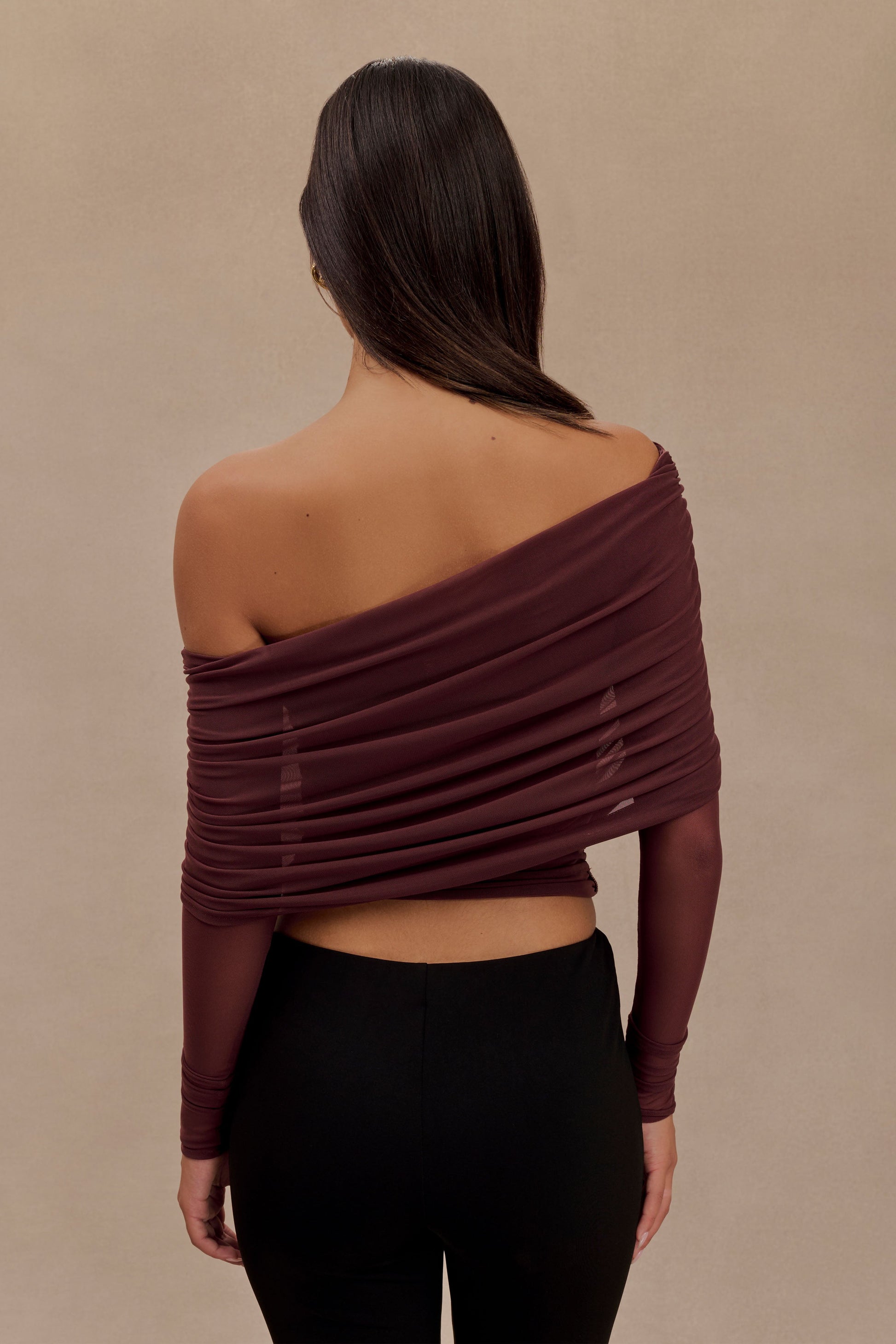 Everly Sheer Mesh Off Shoulder Top - Mahogany #2