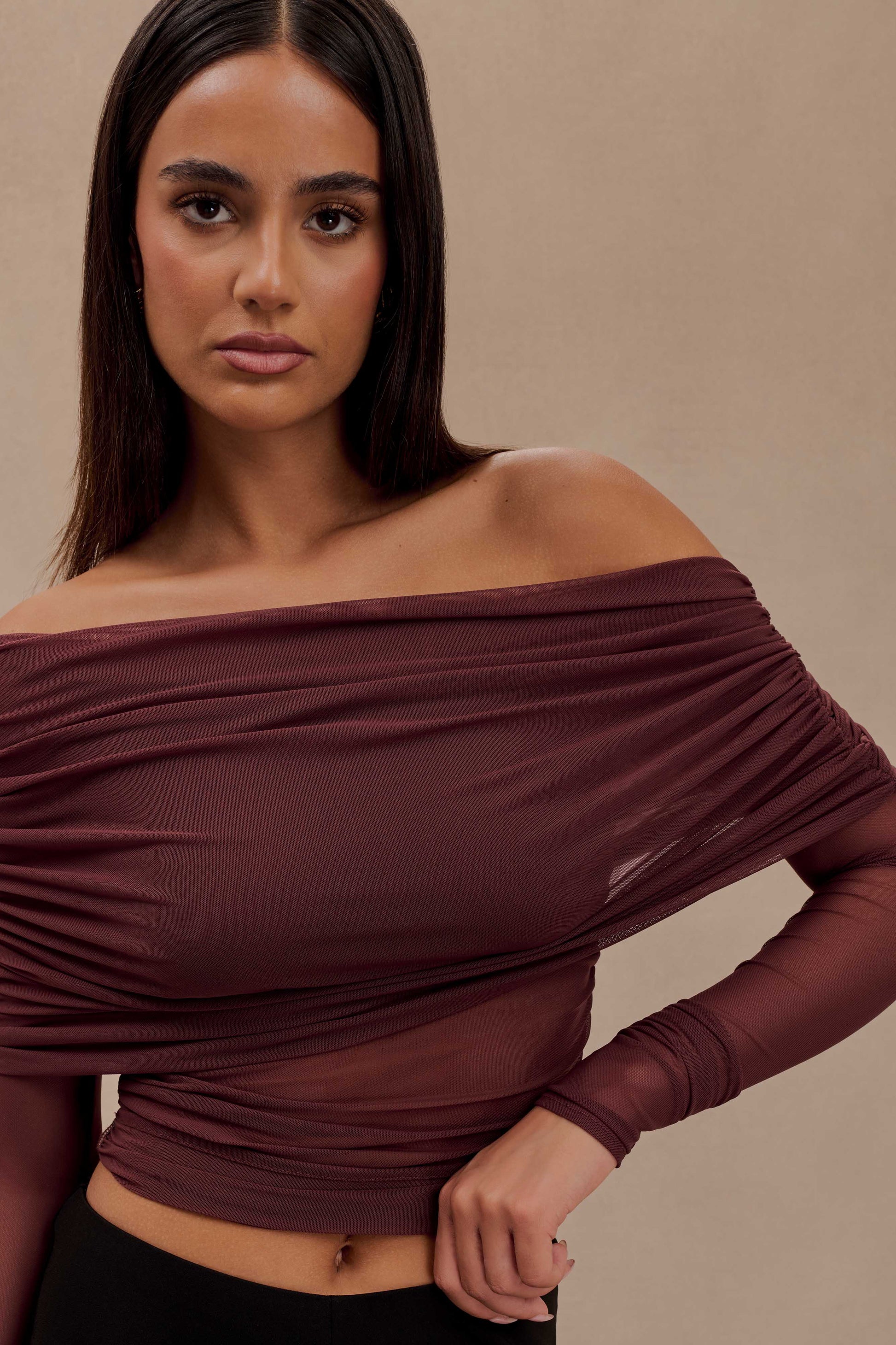 Everly Sheer Mesh Off Shoulder Top - Mahogany #3