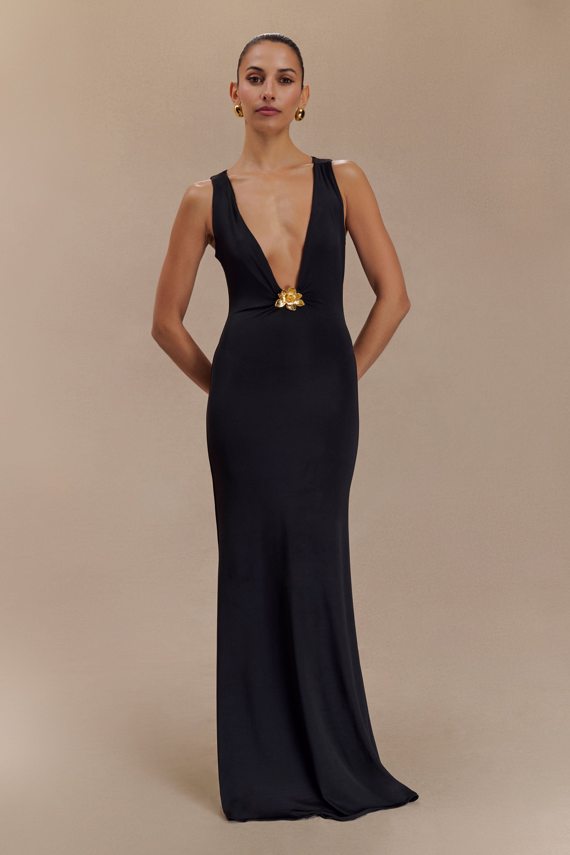 Beck Plunge Maxi Dress With Floral Hardware - Black Beck Plunge Maxi Dress With Floral Hardware - Black