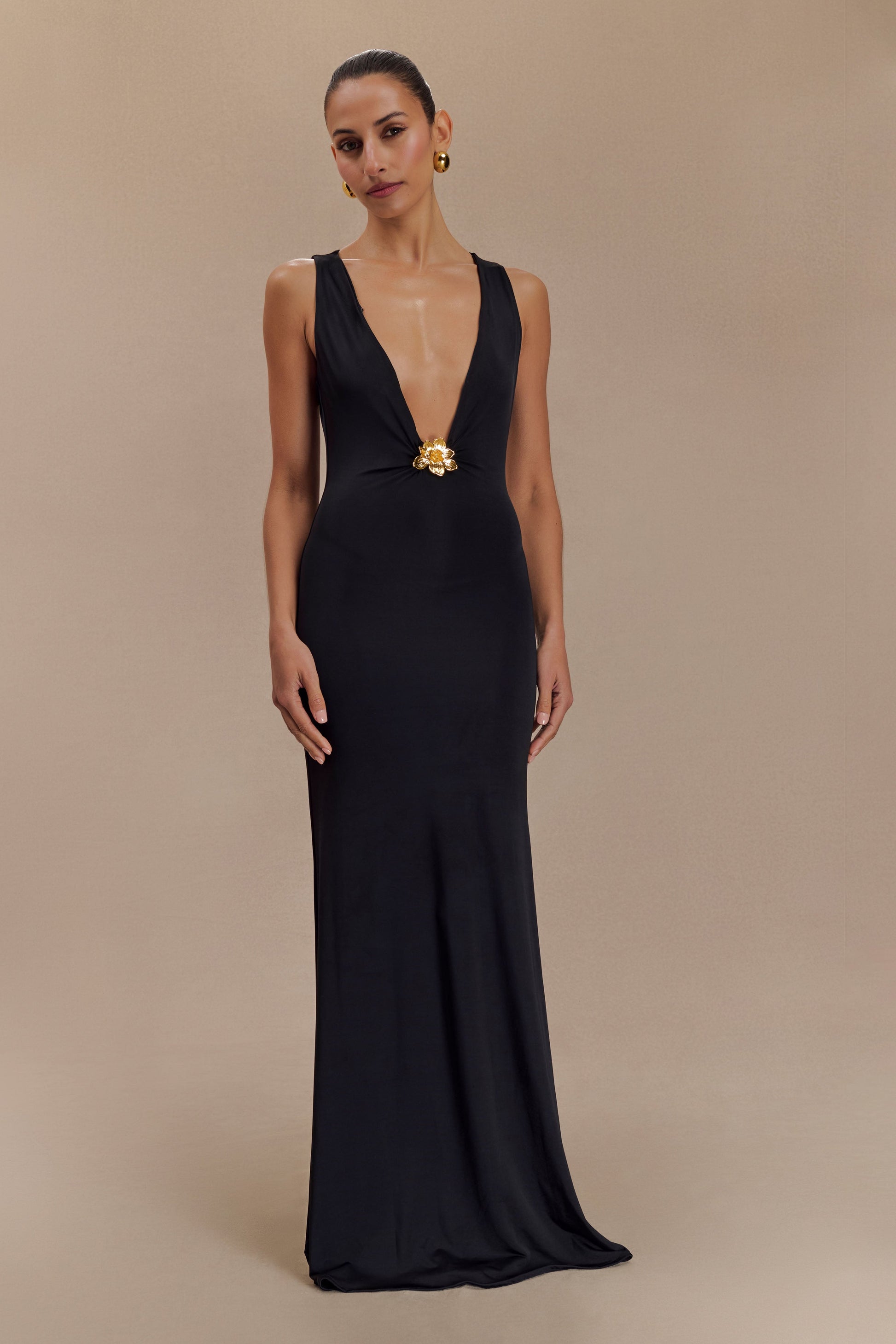Beck Plunge Maxi Dress With Floral Hardware - Black #5