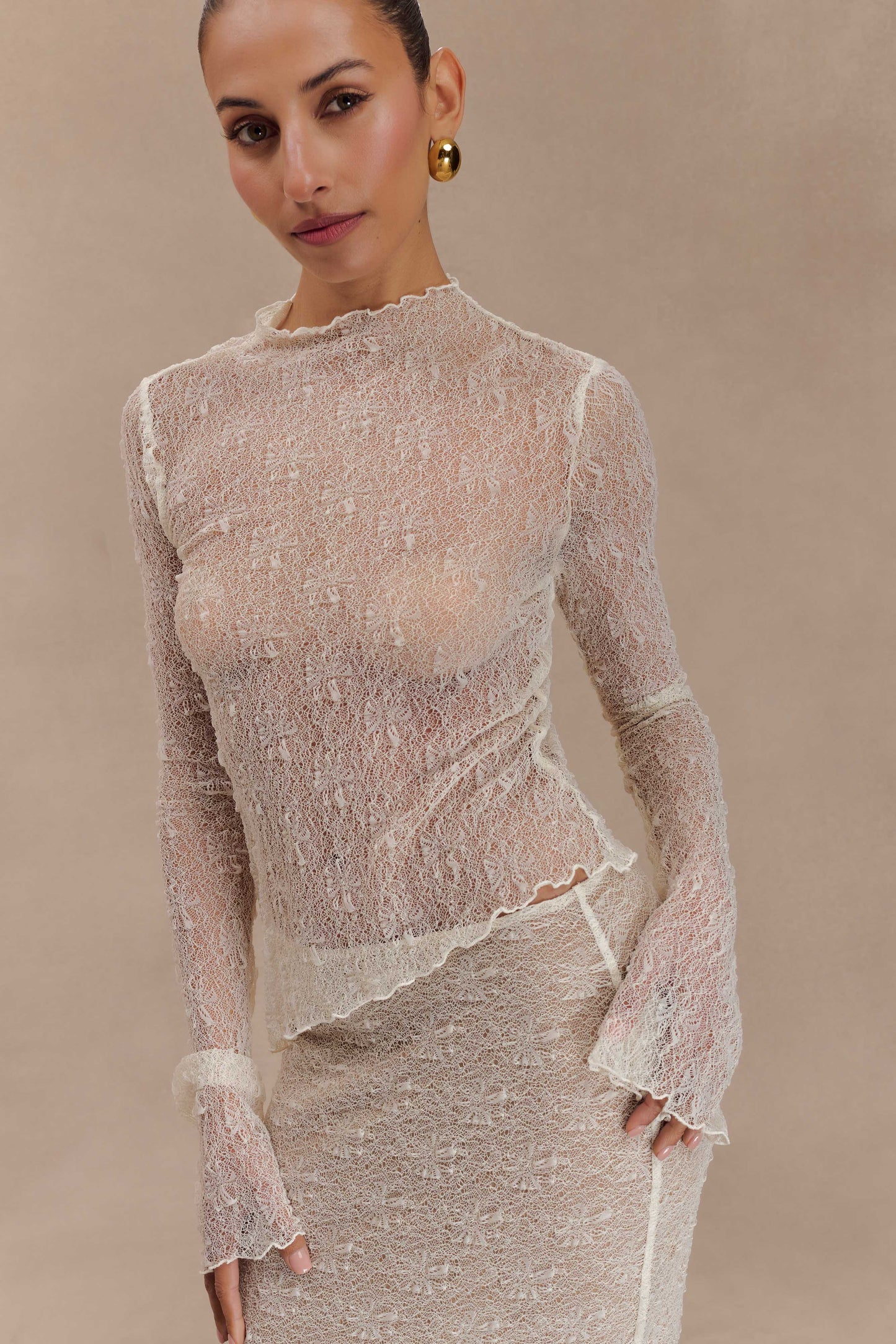 Riley Sheer Lace Long Sleeve Top - Ivory